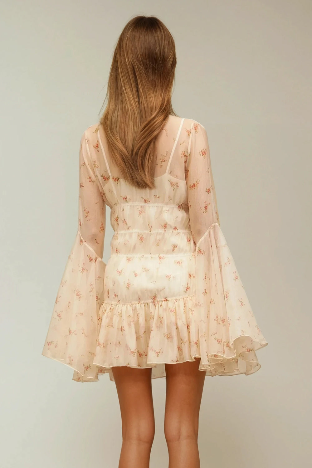 Mini Dress with Bell Sleeves and Floral Hooks - Pink