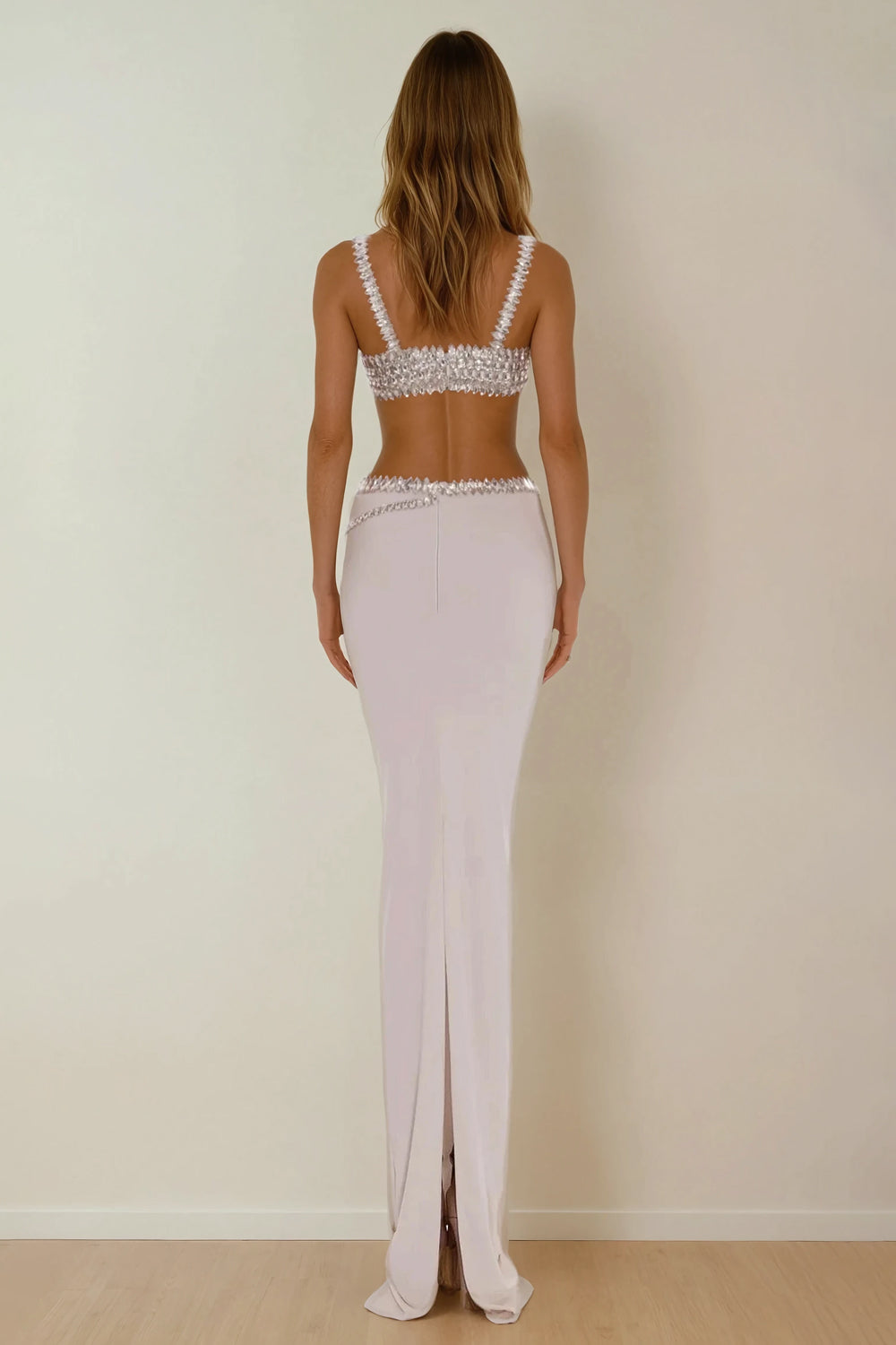 Two-Piece Set with Structured Crop Top and Wrap Effect Maxi Skirt - White