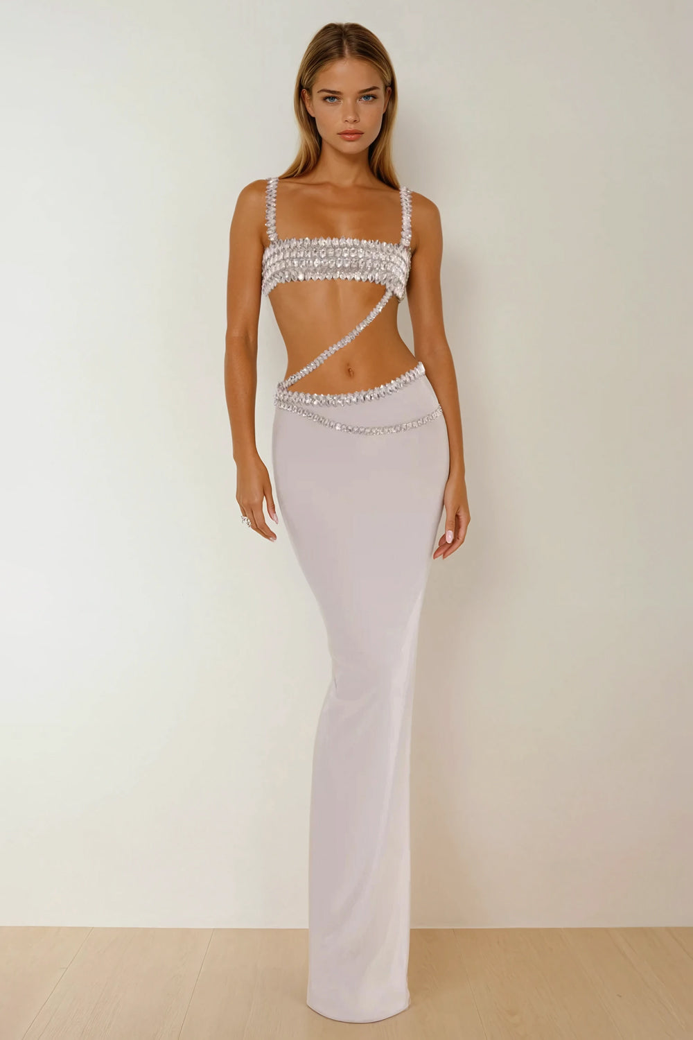 Two-Piece Set with Structured Crop Top and Wrap Effect Maxi Skirt - White