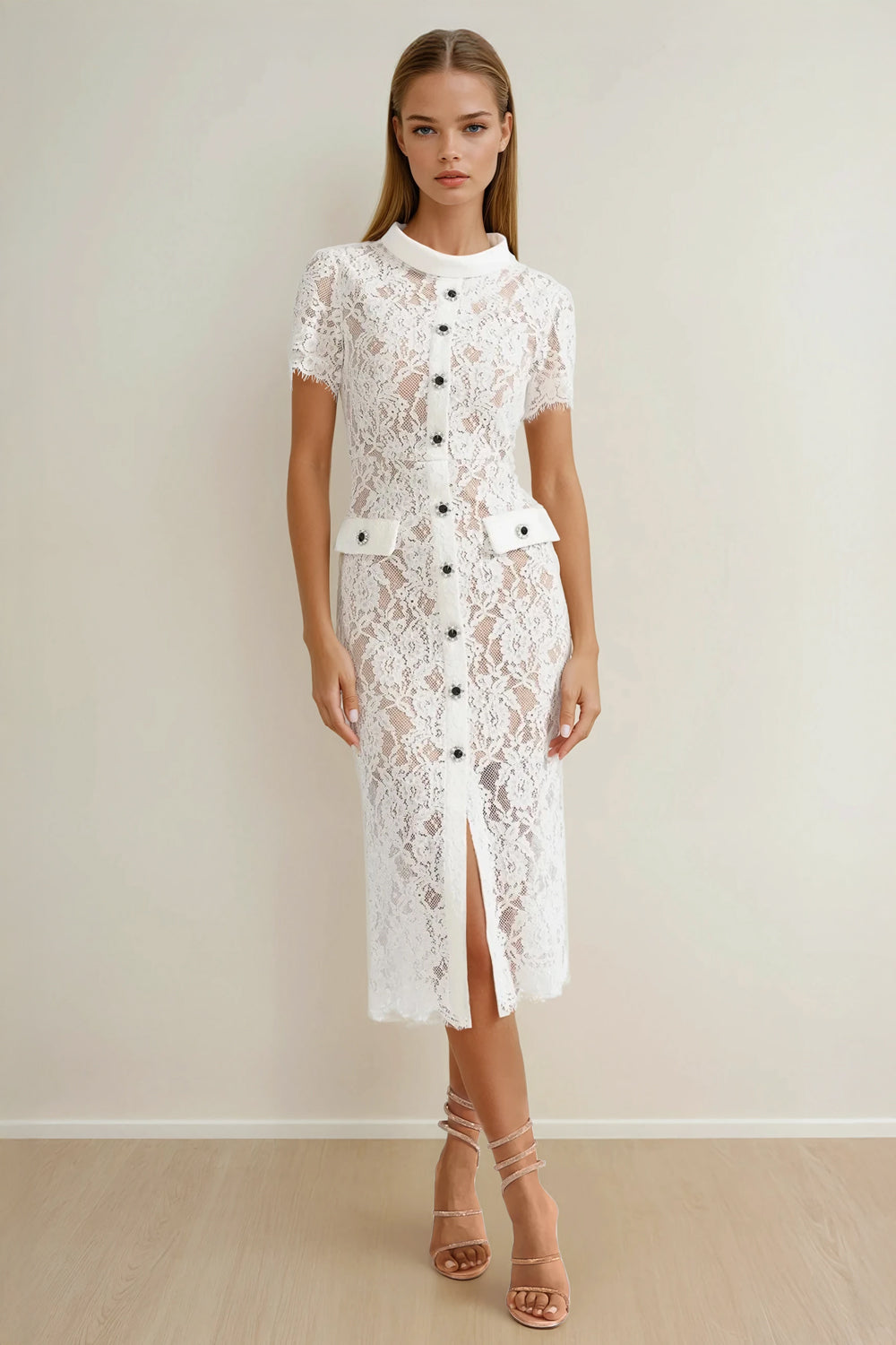 Lace Button-Front Midi Dress with Collar and Belt - White