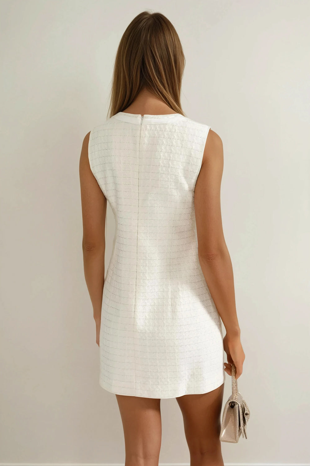 Mini Dress with Crystal Bow Detail and Pocket Accents - White