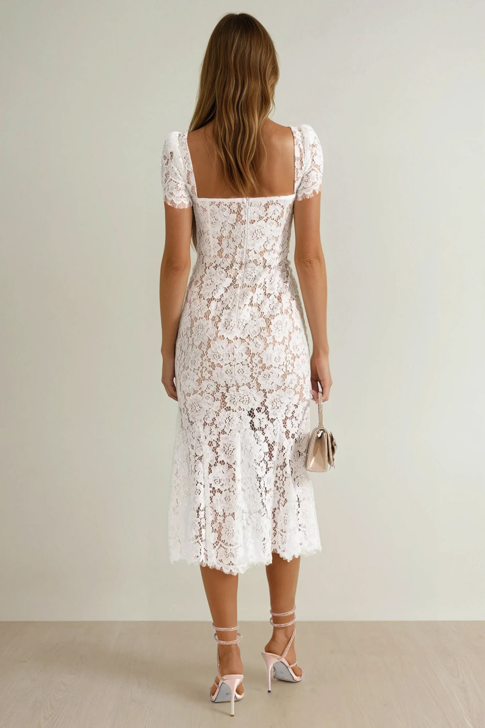 Lace Midi Dress with Fitted Bodice and Cap Sleeves - White