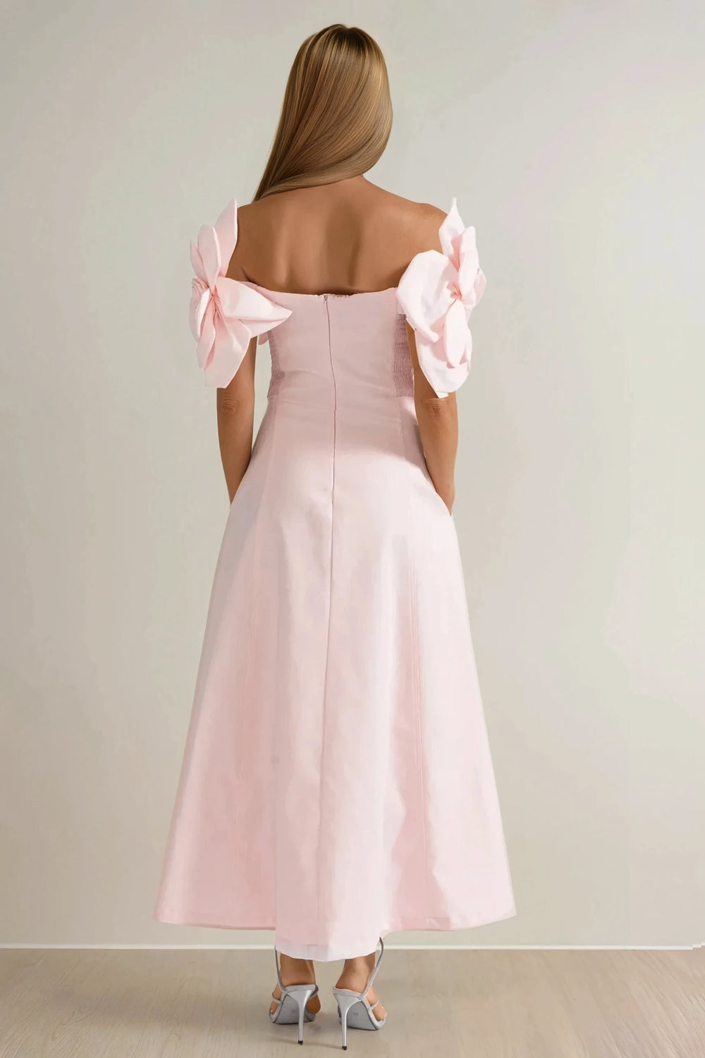 Off-Shoulder Midi Dress with Oversized Floral Sleeves - Pink
