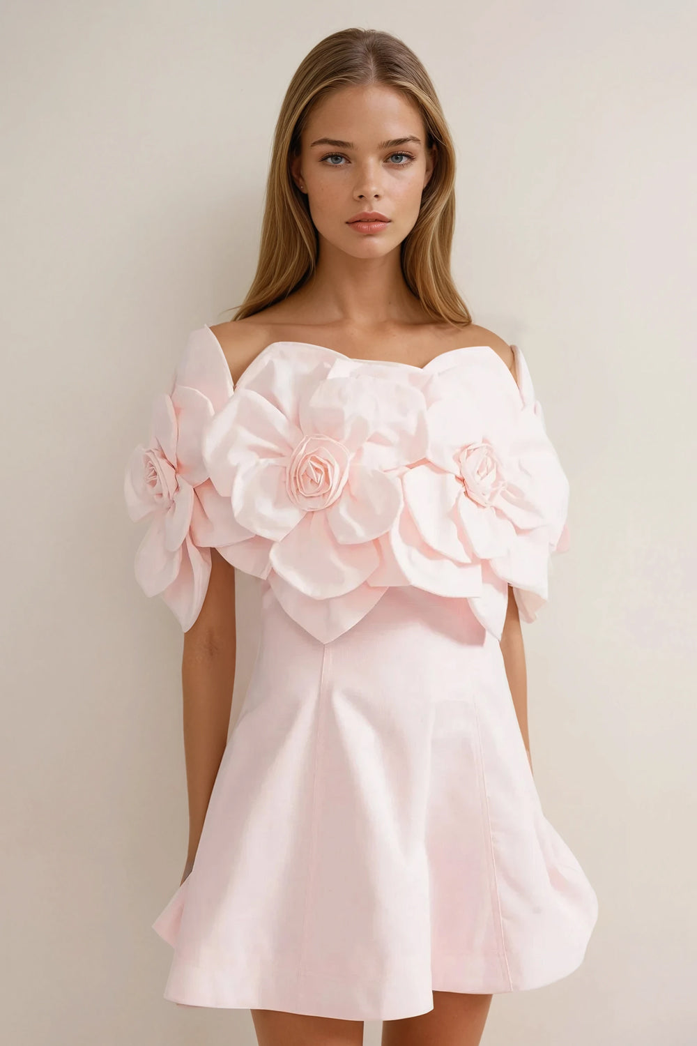 Mini Dress with 3D Floral Off-Shoulder Sleeves - Pink
