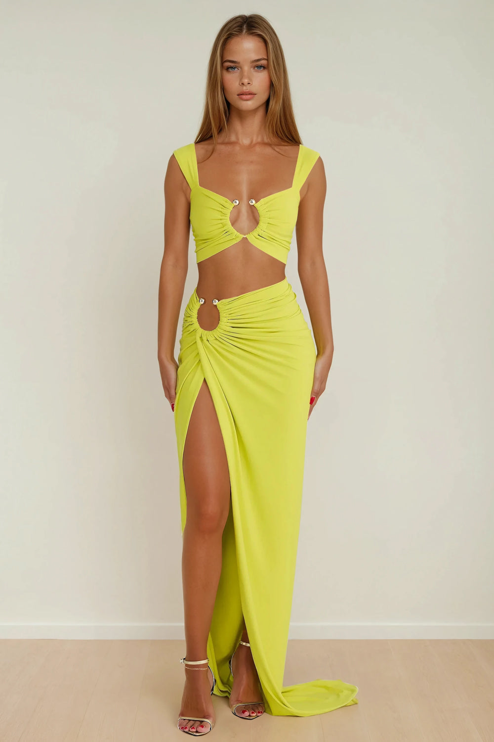 Two-Piece Set with Ring Detail Crop Top and High Slit Maxi Skirt - Yellow