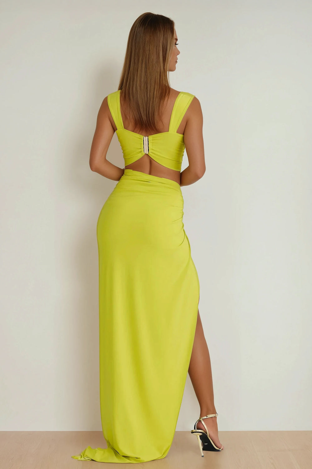 Two-Piece Set with Ring Detail Crop Top and High Slit Maxi Skirt - Yellow