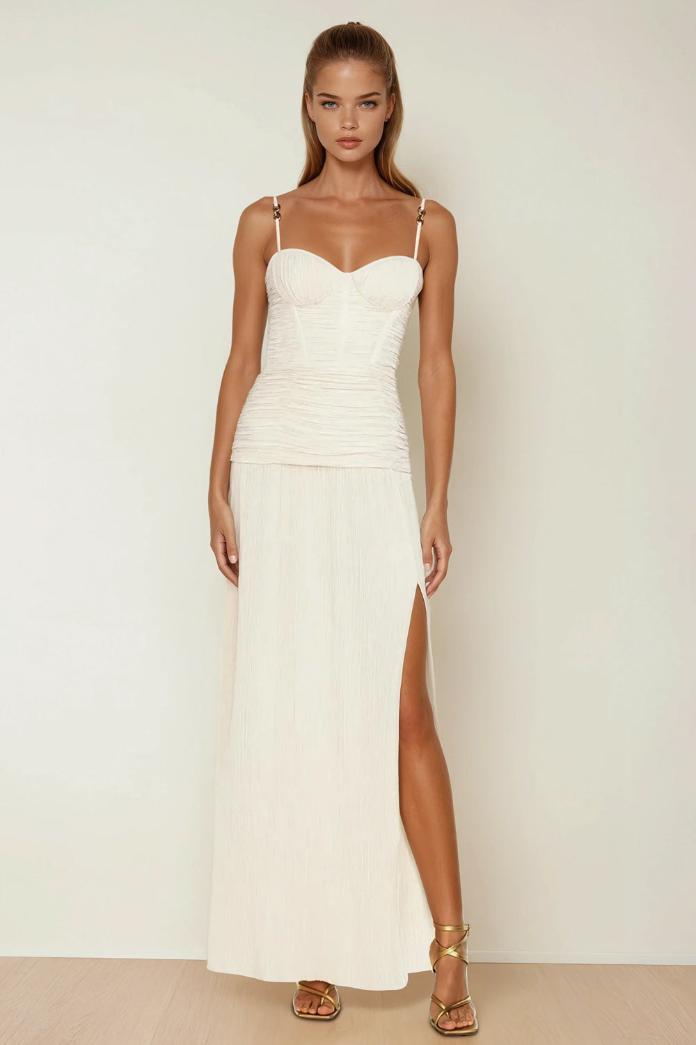 Maxi Dress with Ruched Corset and Pleated Skirt - White