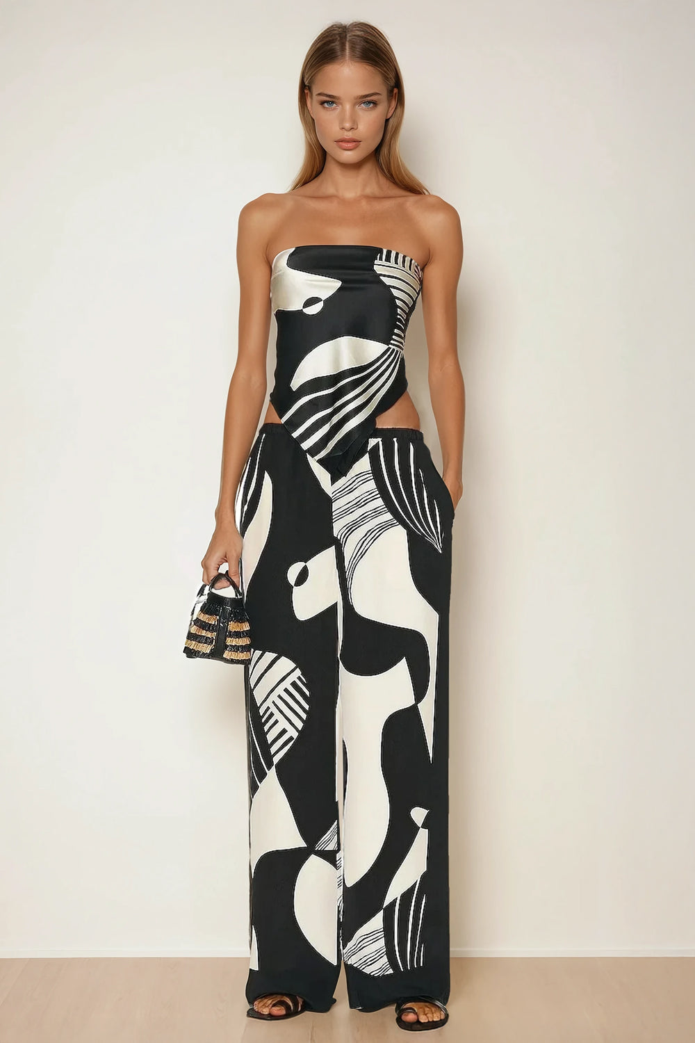 Two-Piece Set with Abstract Bandeau Top and Wide-Leg Pants - Black