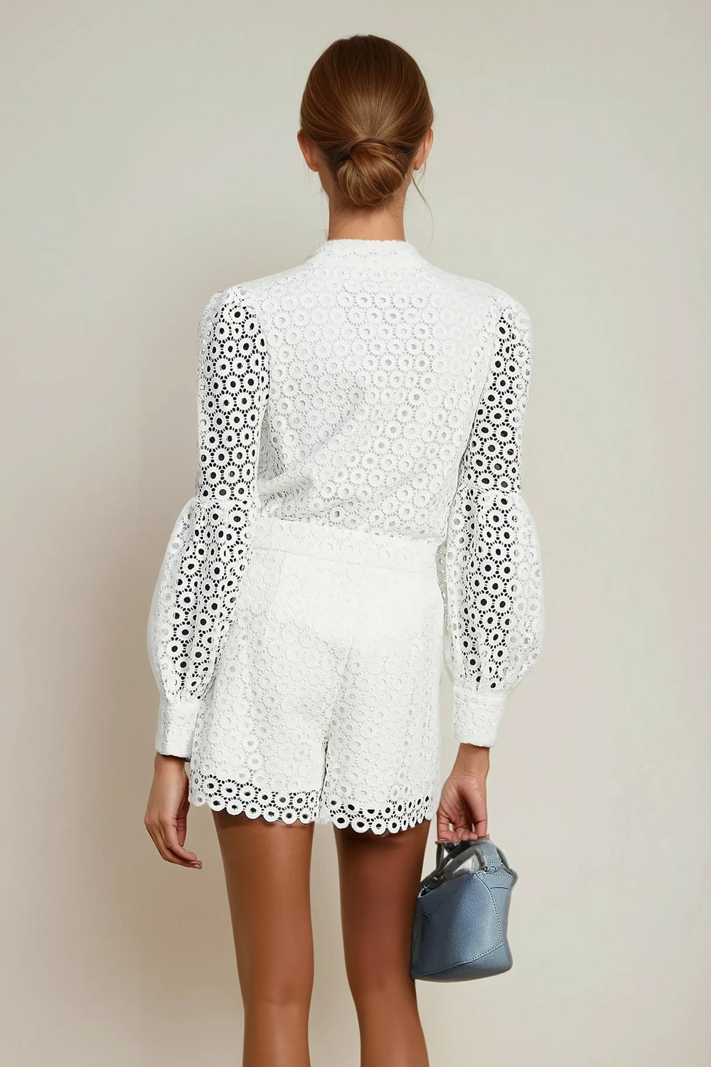 Two-Piece Set with 3D Floral Top and High-Waisted Shorts - White