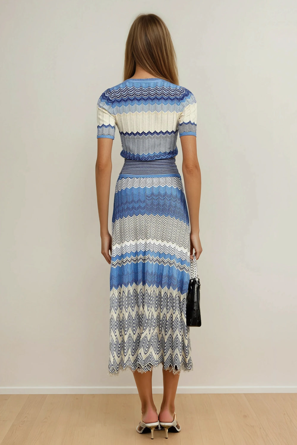 Two-Piece Set with Zigzag Knit Cardigan and Flowy Midi Skirt - Blue