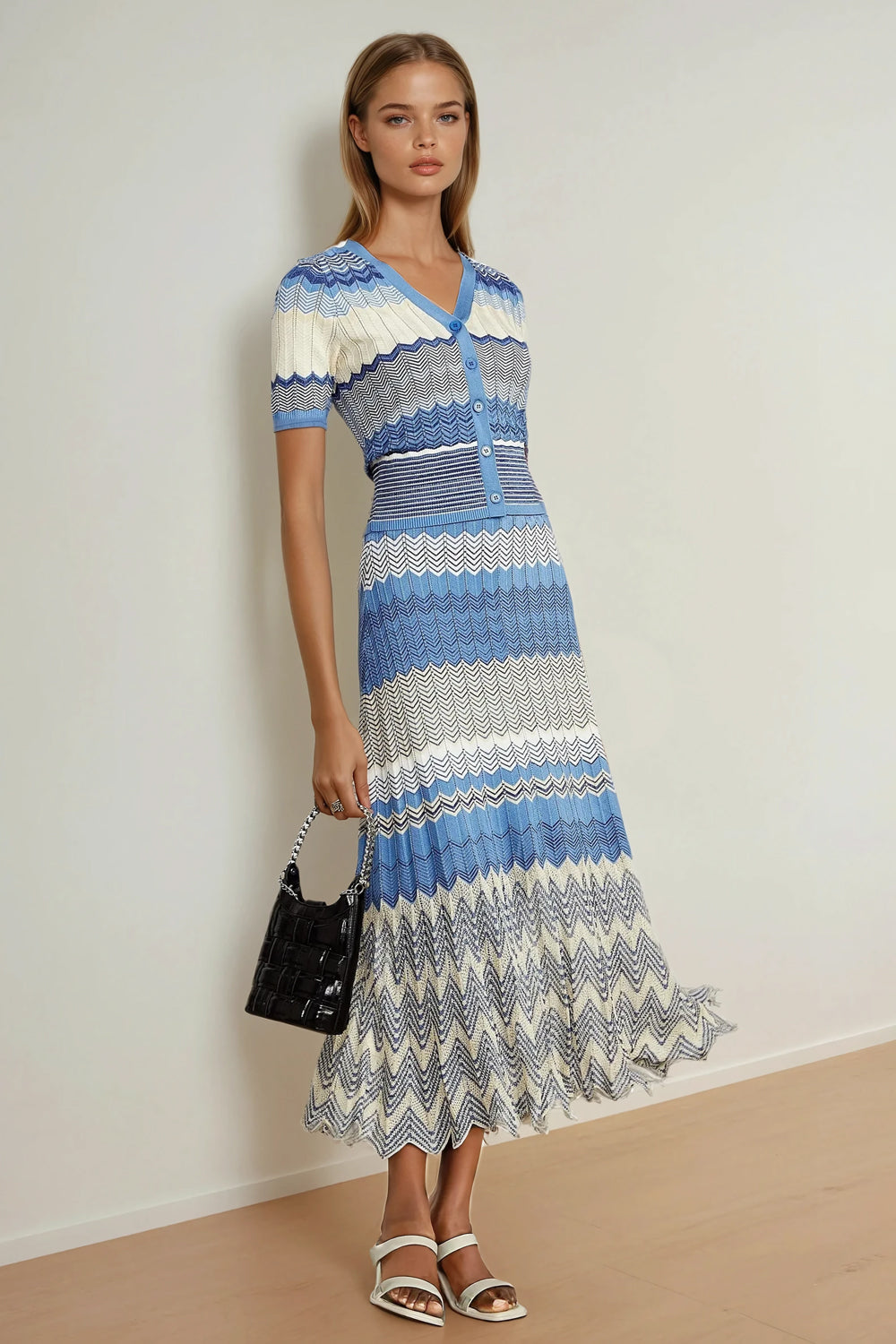 Two-Piece Set with Zigzag Knit Cardigan and Flowy Midi Skirt - Blue