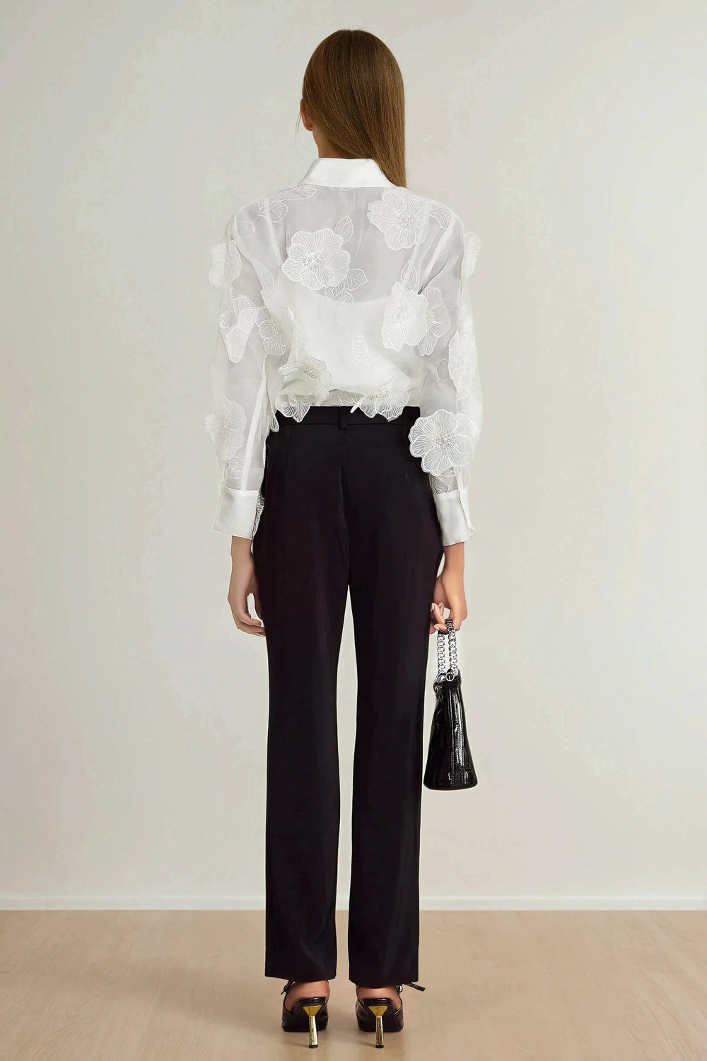 Sheer Shirt with Embroidered Floral Details - White