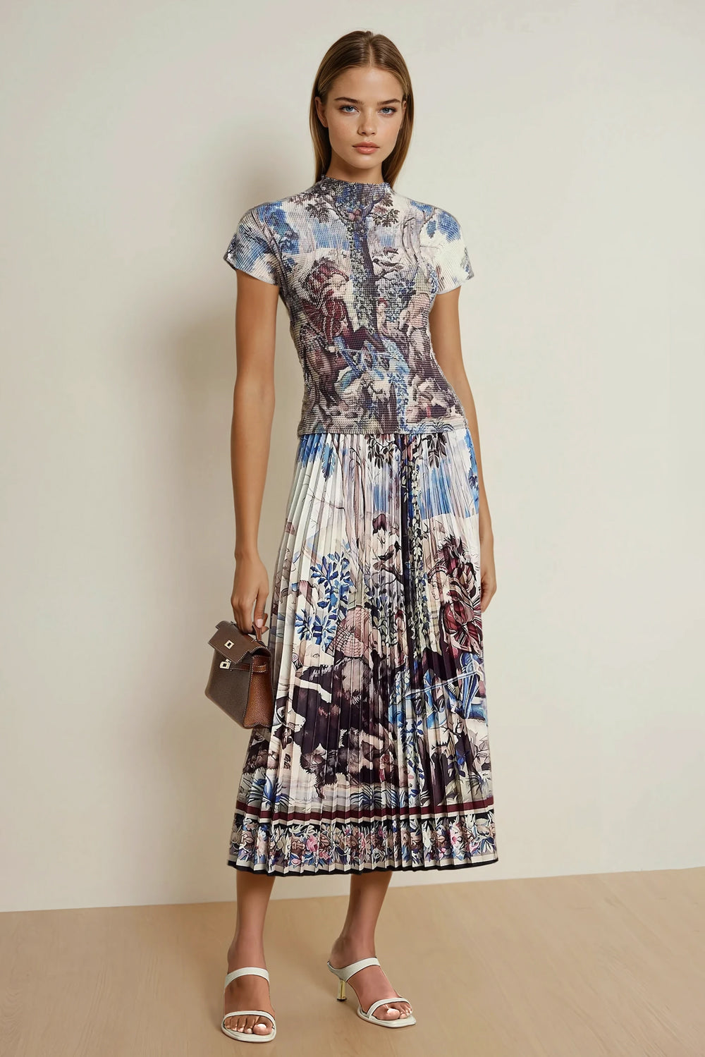 Two-Piece Set with Printed Top and Pleated Midi Skirt - Blue