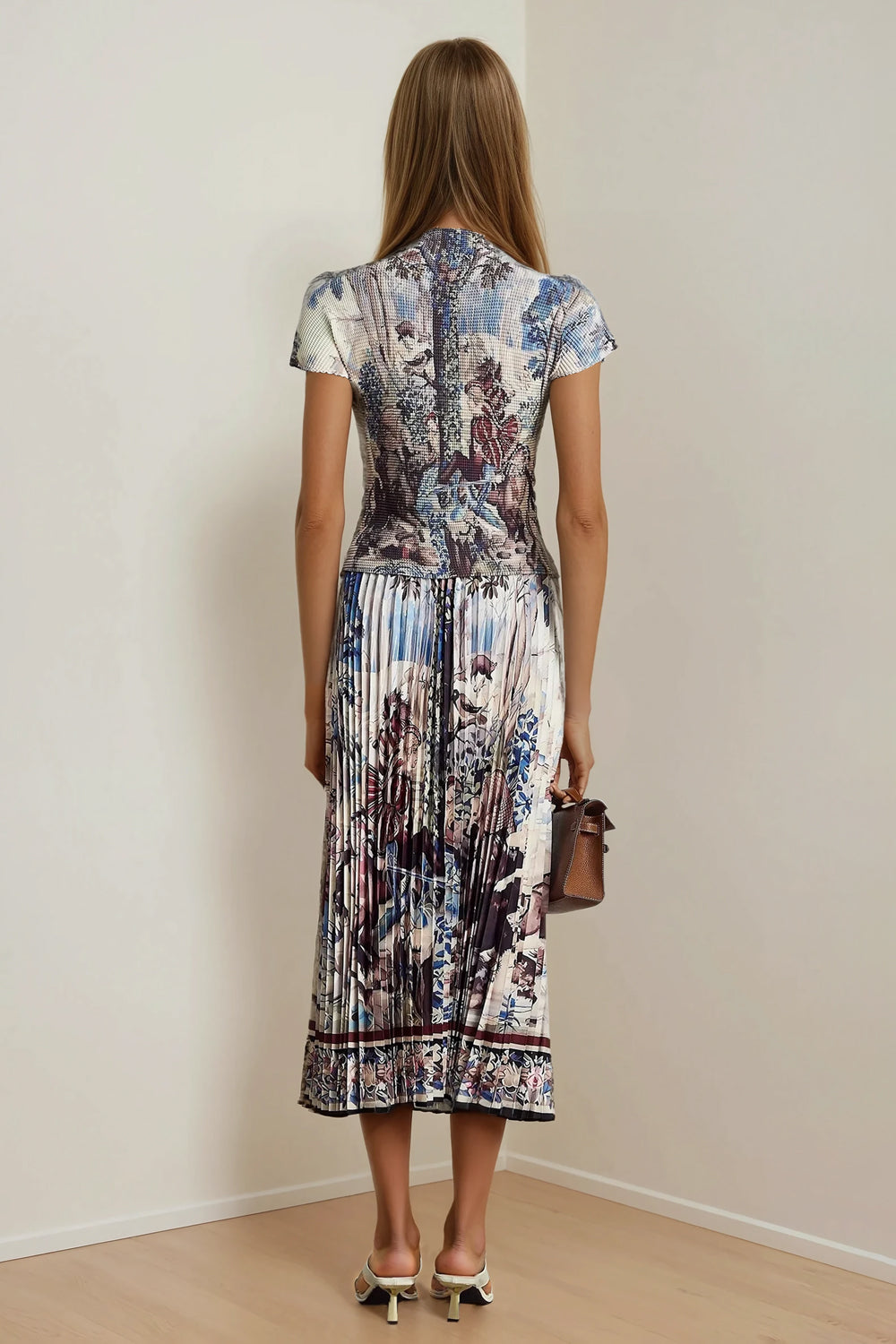 Two-Piece Set with Printed Top and Pleated Midi Skirt - Blue