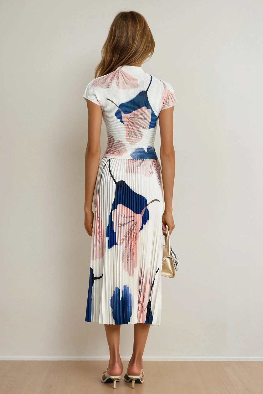 Two-Piece Set with Fitted Top and Pleated Midi Skirt - White