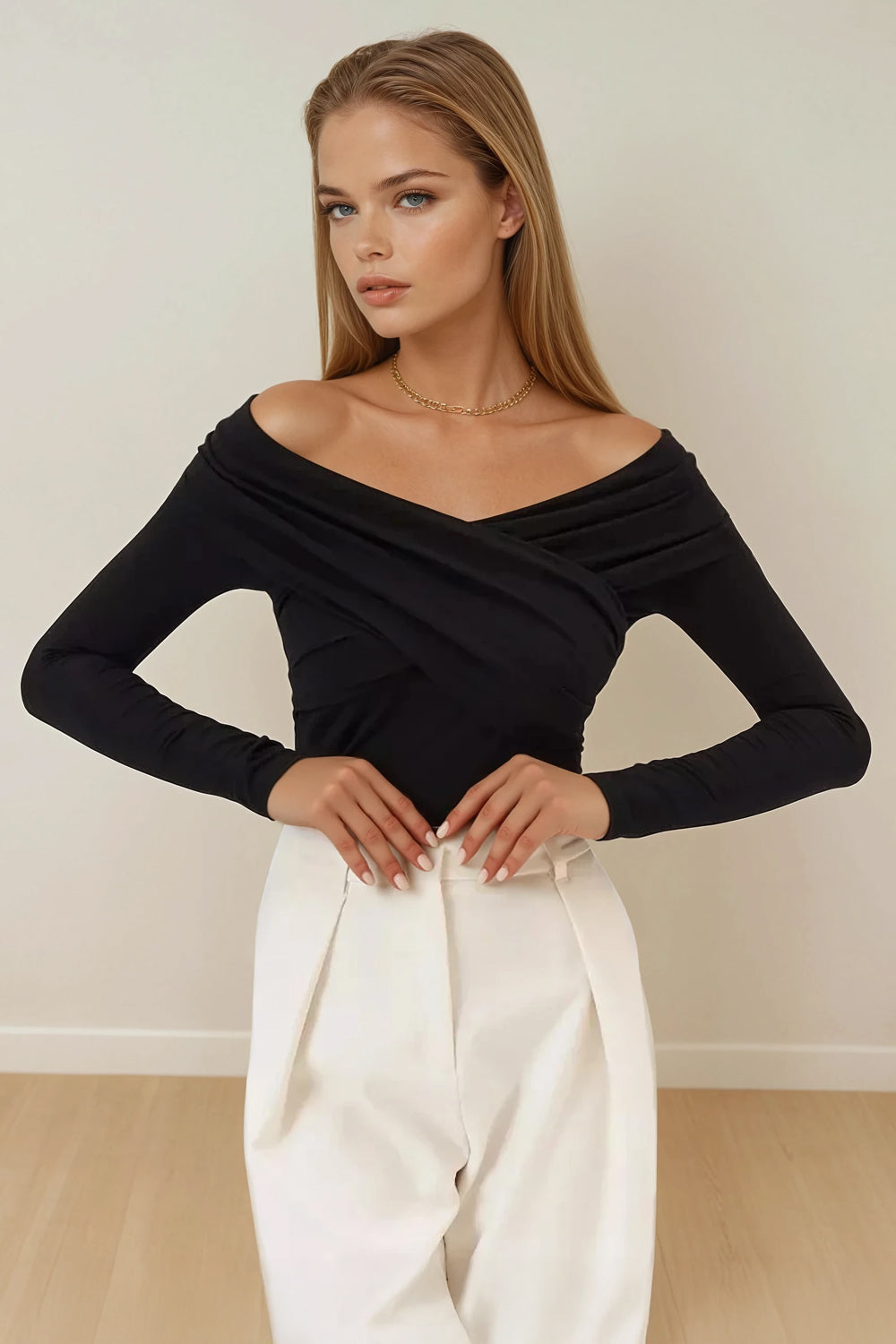 Off Shoulder Long Sleeve Draped Top - Black