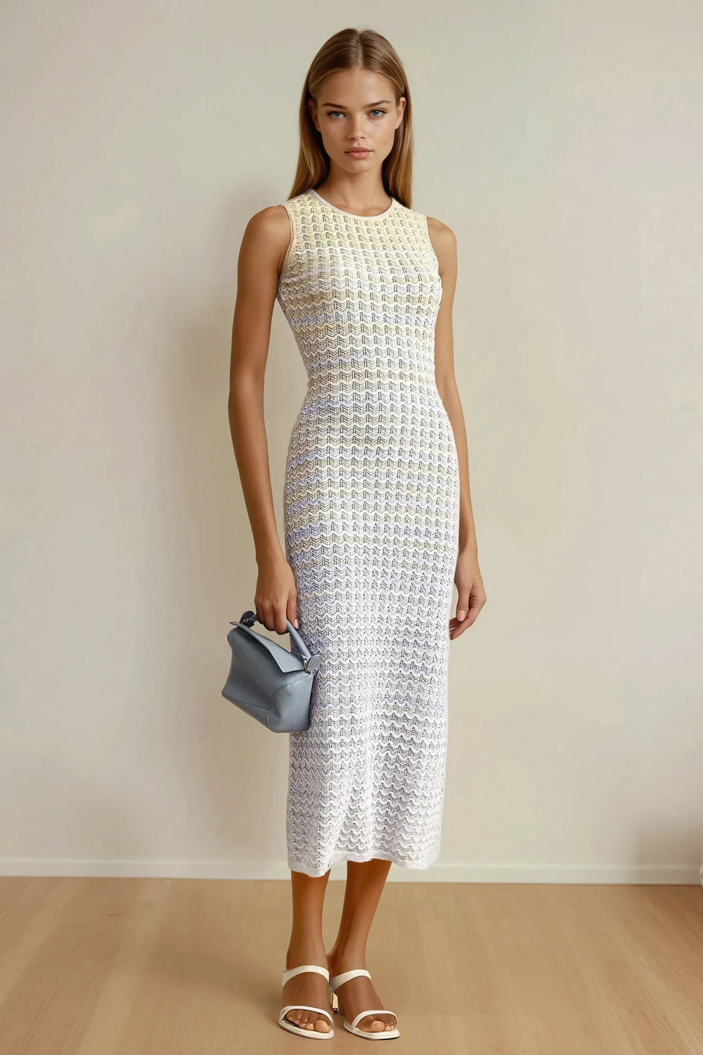 Sleeveless Knitted Maxi Dress with Back Slit - White
