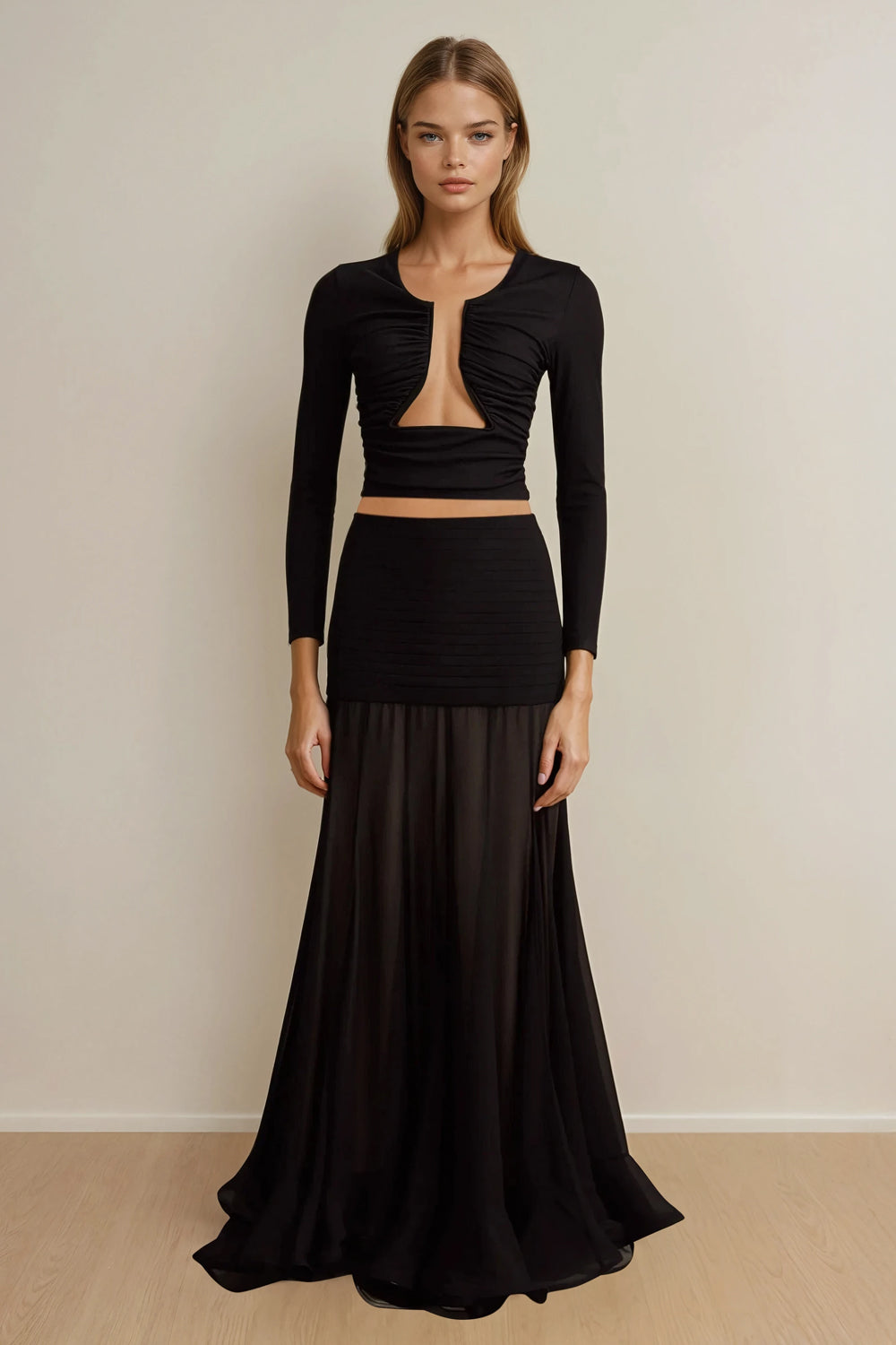Long Sleeve Top with Ruched Front and Cutout Detail - Black
