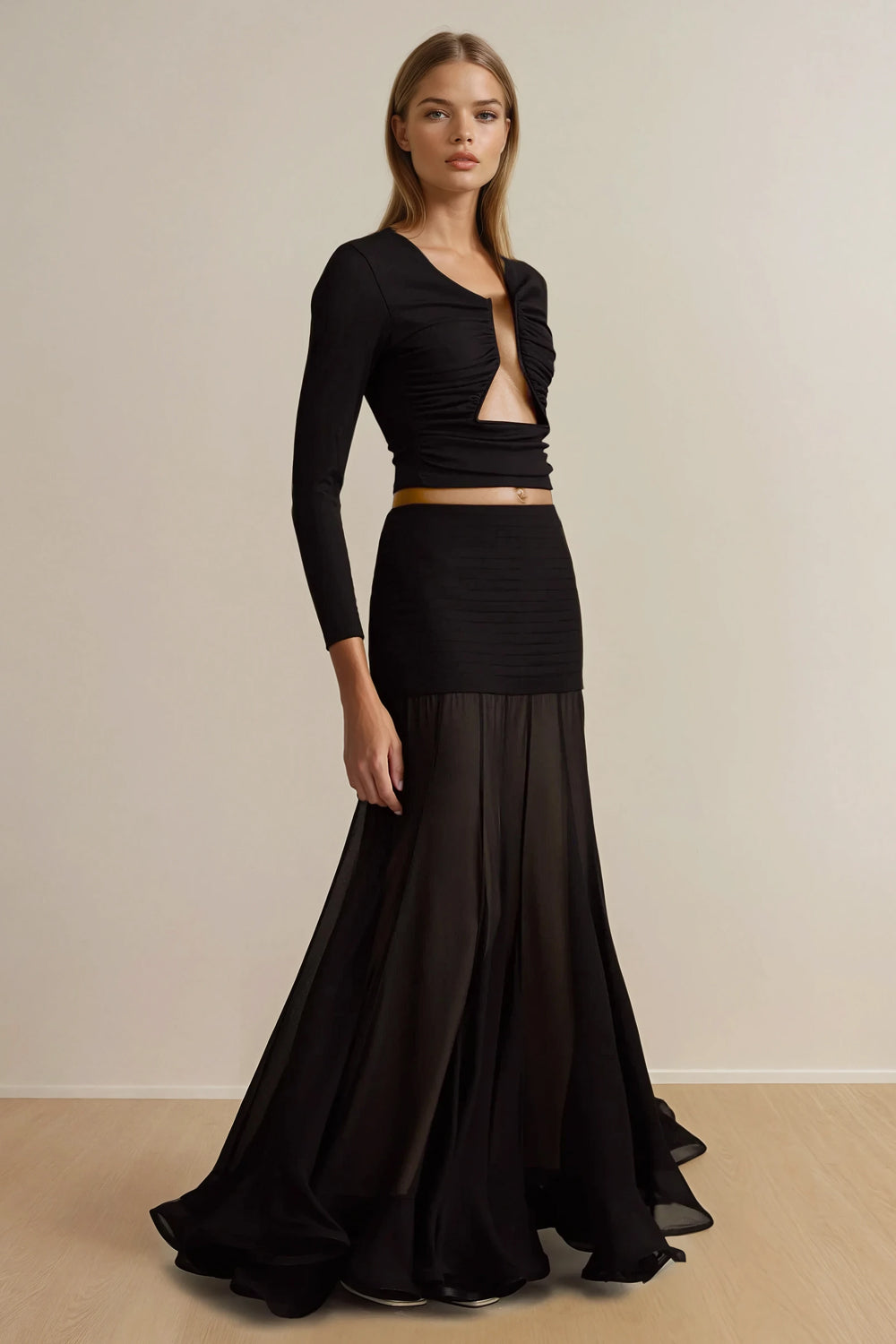 Long Sleeve Top with Ruched Front and Cutout Detail - Black