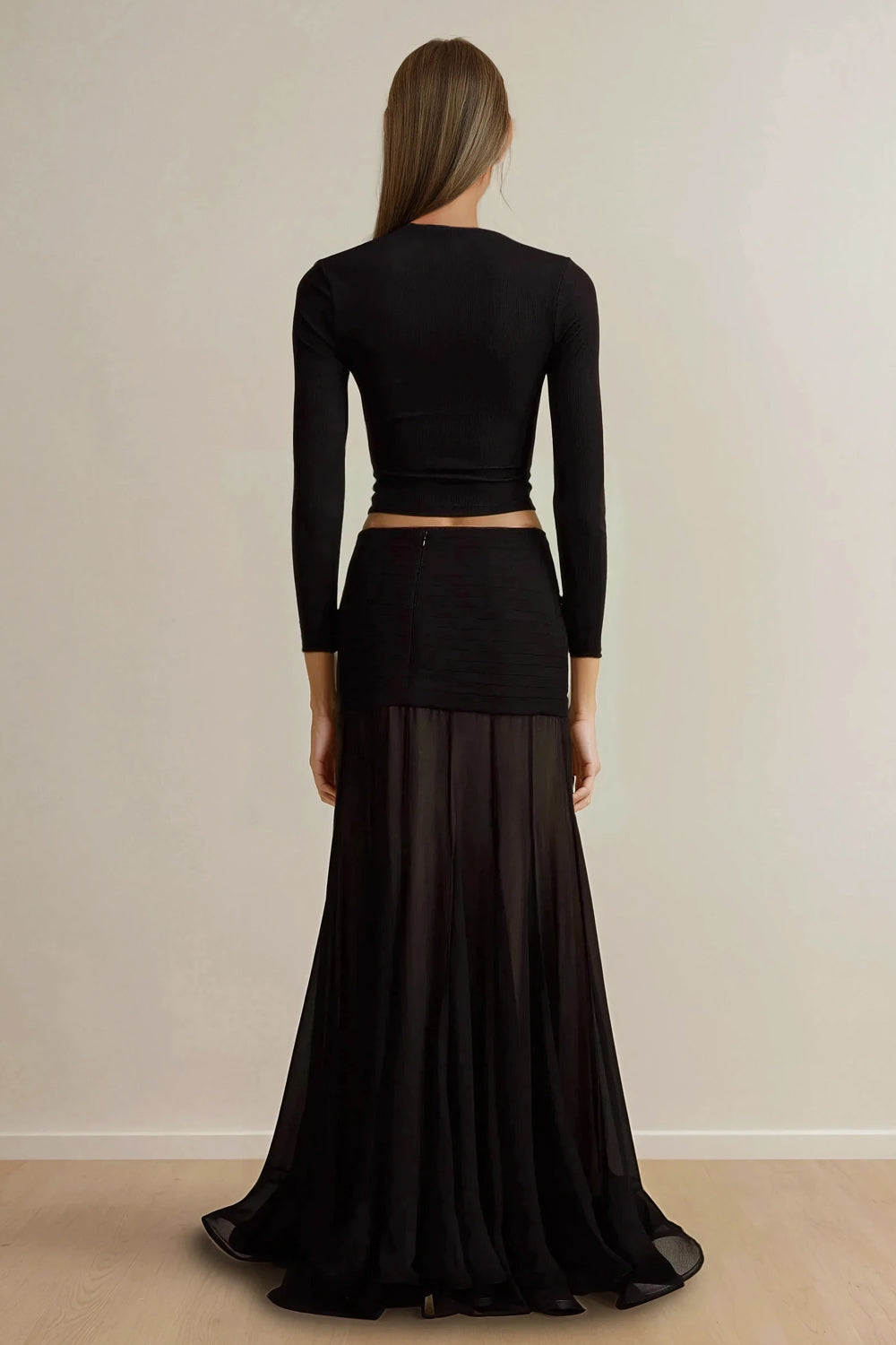 Long Sleeve Top with Ruched Front and Cutout Detail - Black