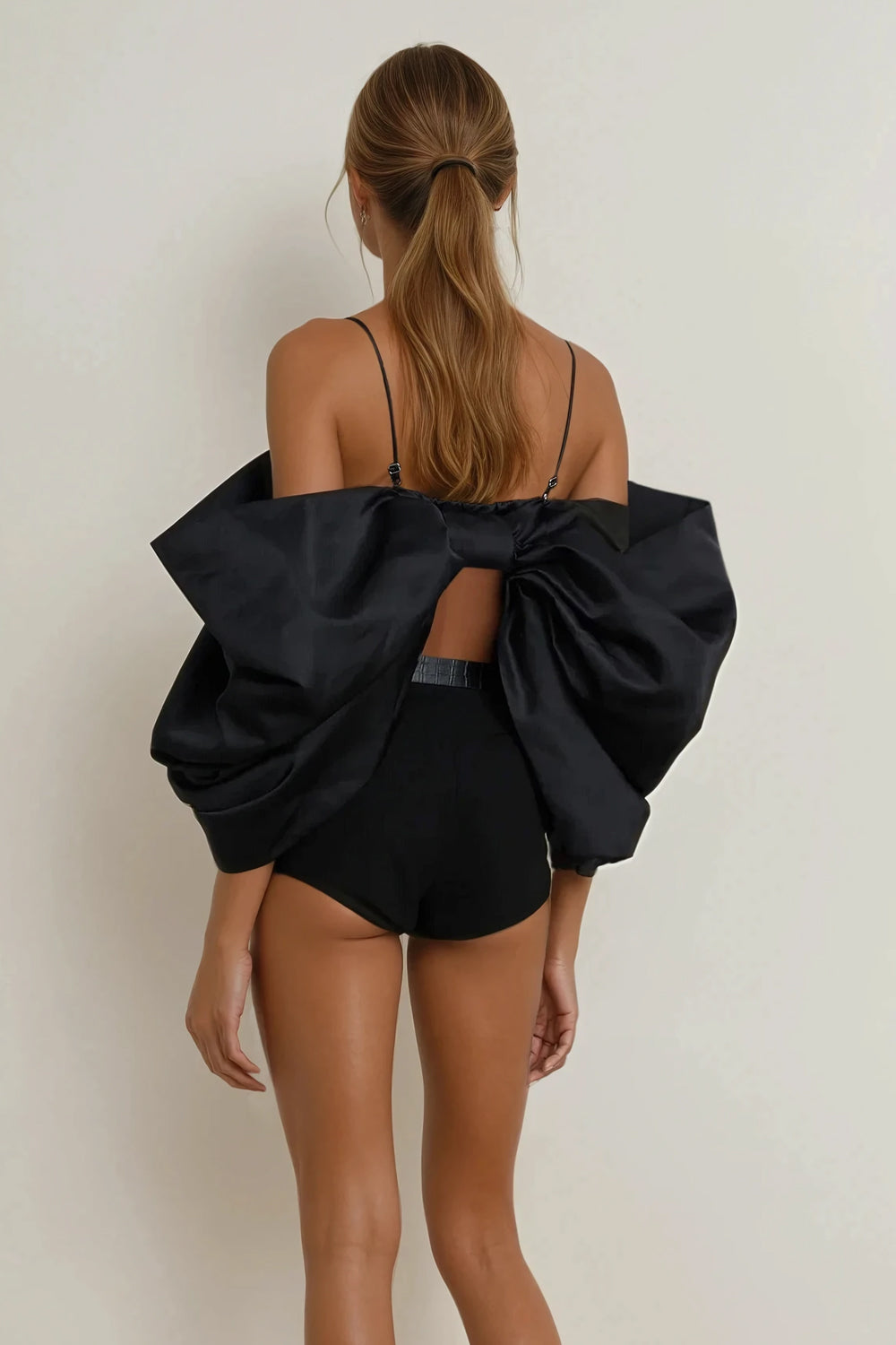 Oversized Bow and Spaghetti Straps Top - Black