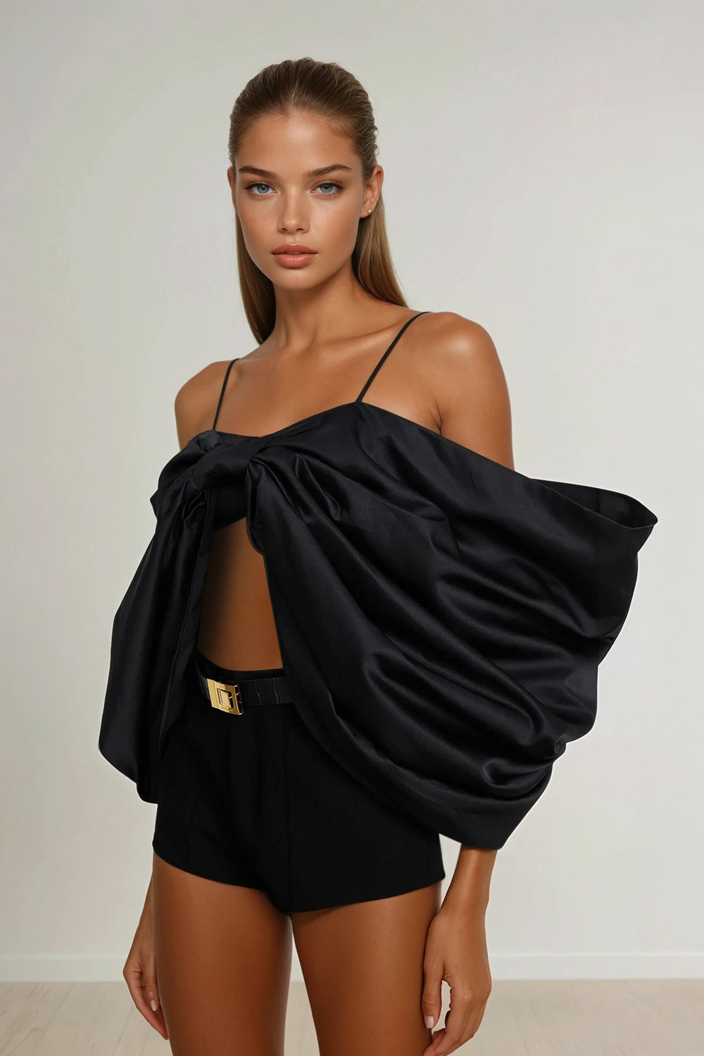 Oversized Bow and Spaghetti Straps Top - Black