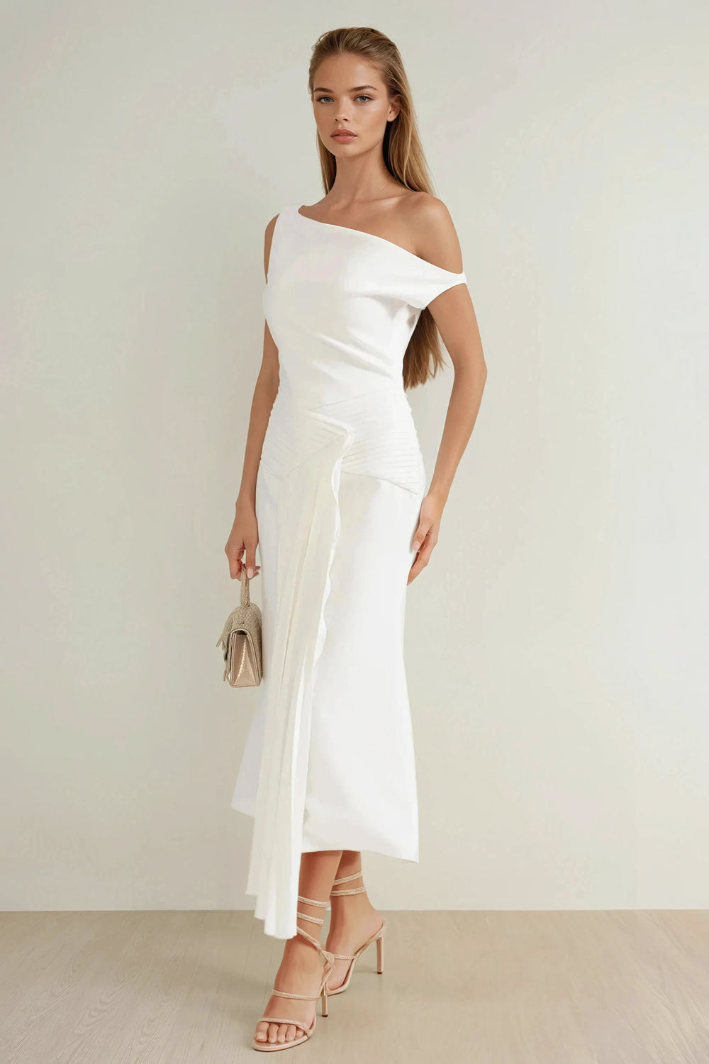 Asymmetrical Maxi Dress with Draped Skirt Detail - White