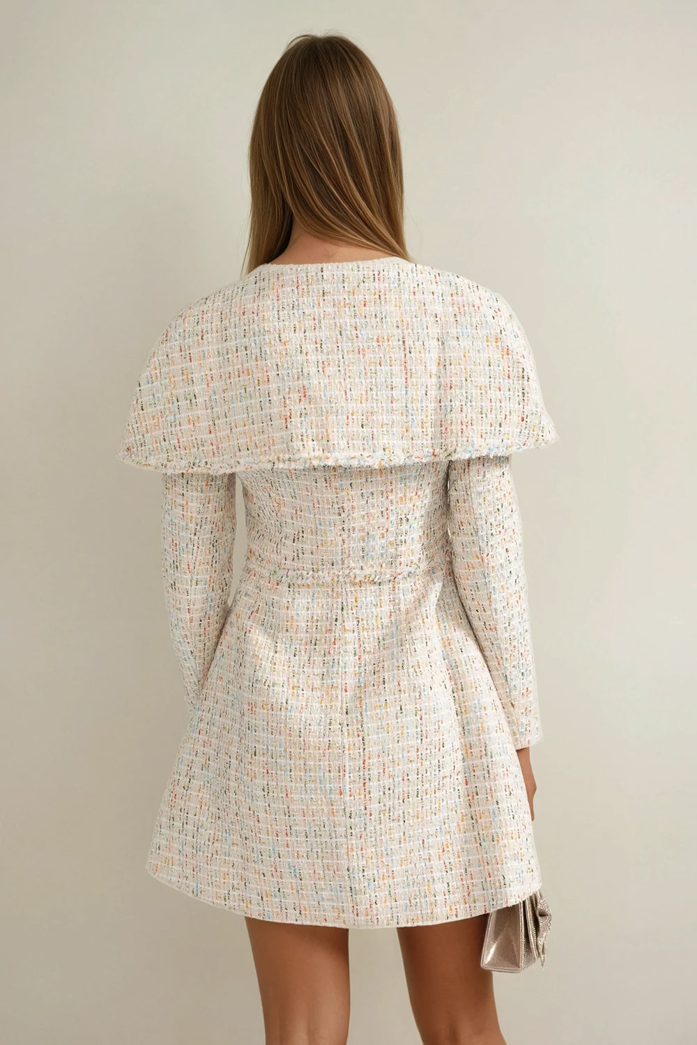 Mini Dress with Oversized Shoulder Detail and Button Front - Beige