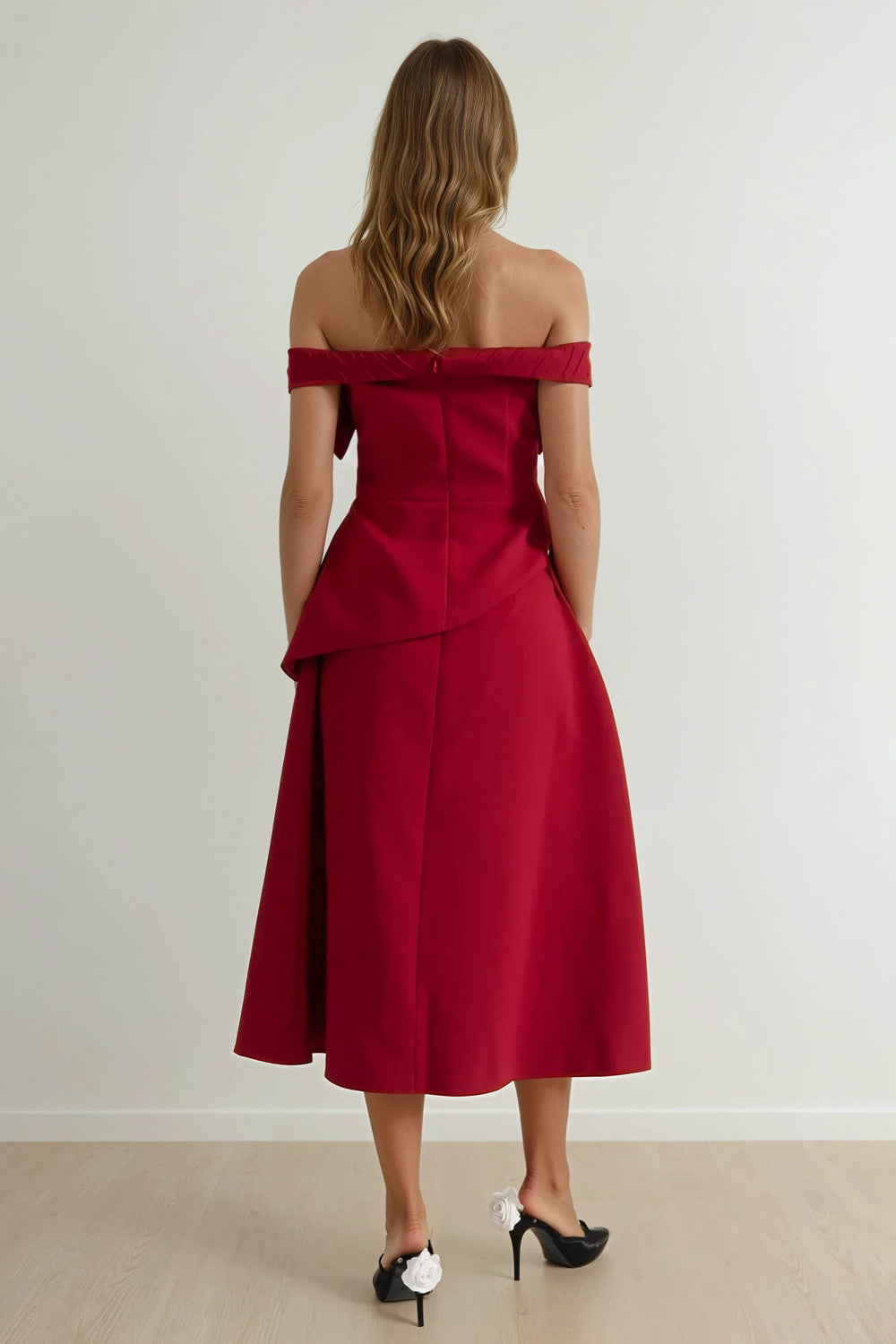 Two-Piece Set with Off-Shoulder Pleated Top and A-Line Midi Skirt - Red