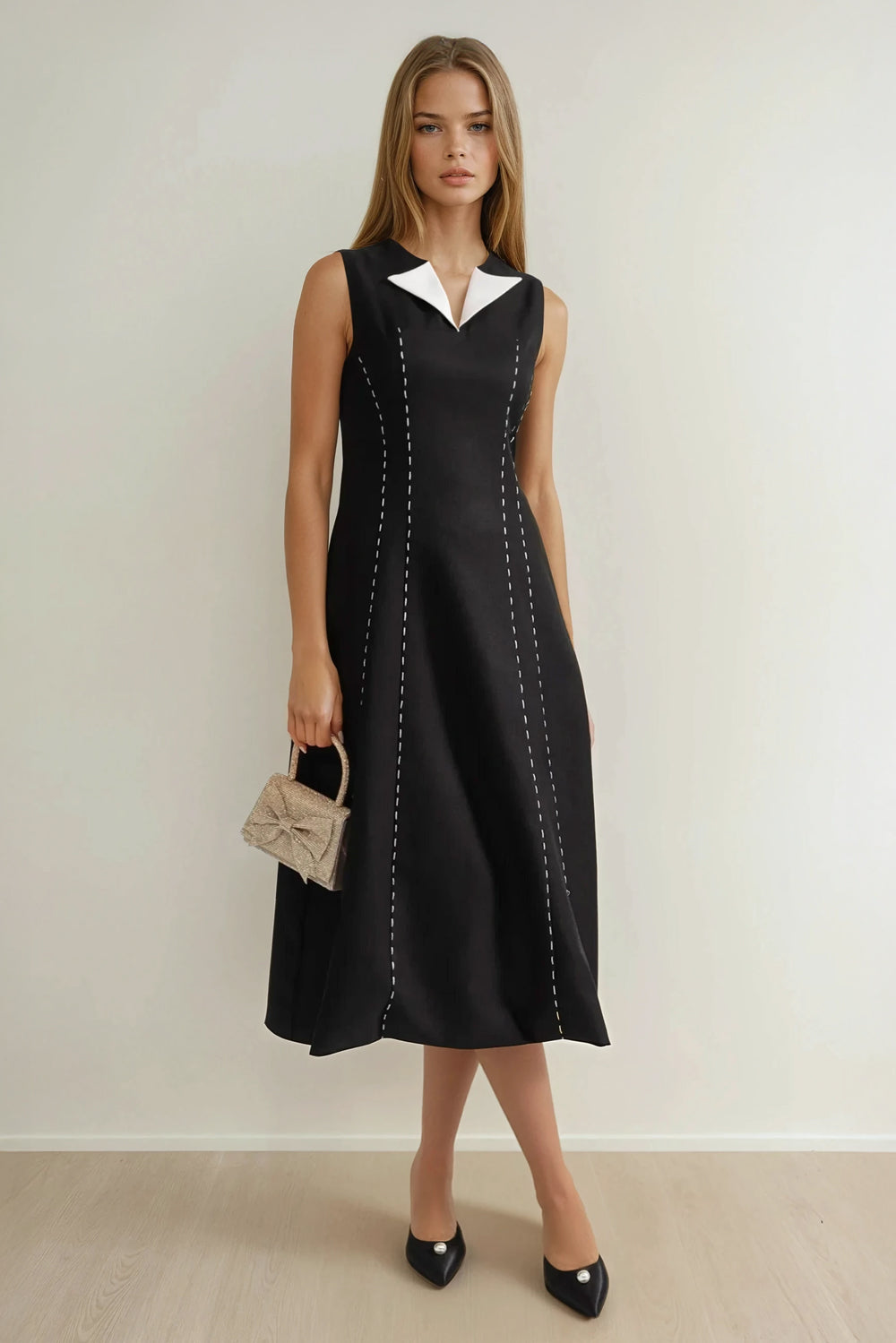 Midi Dress with Contrast Collar and Detachable Structured Shoulders - Black
