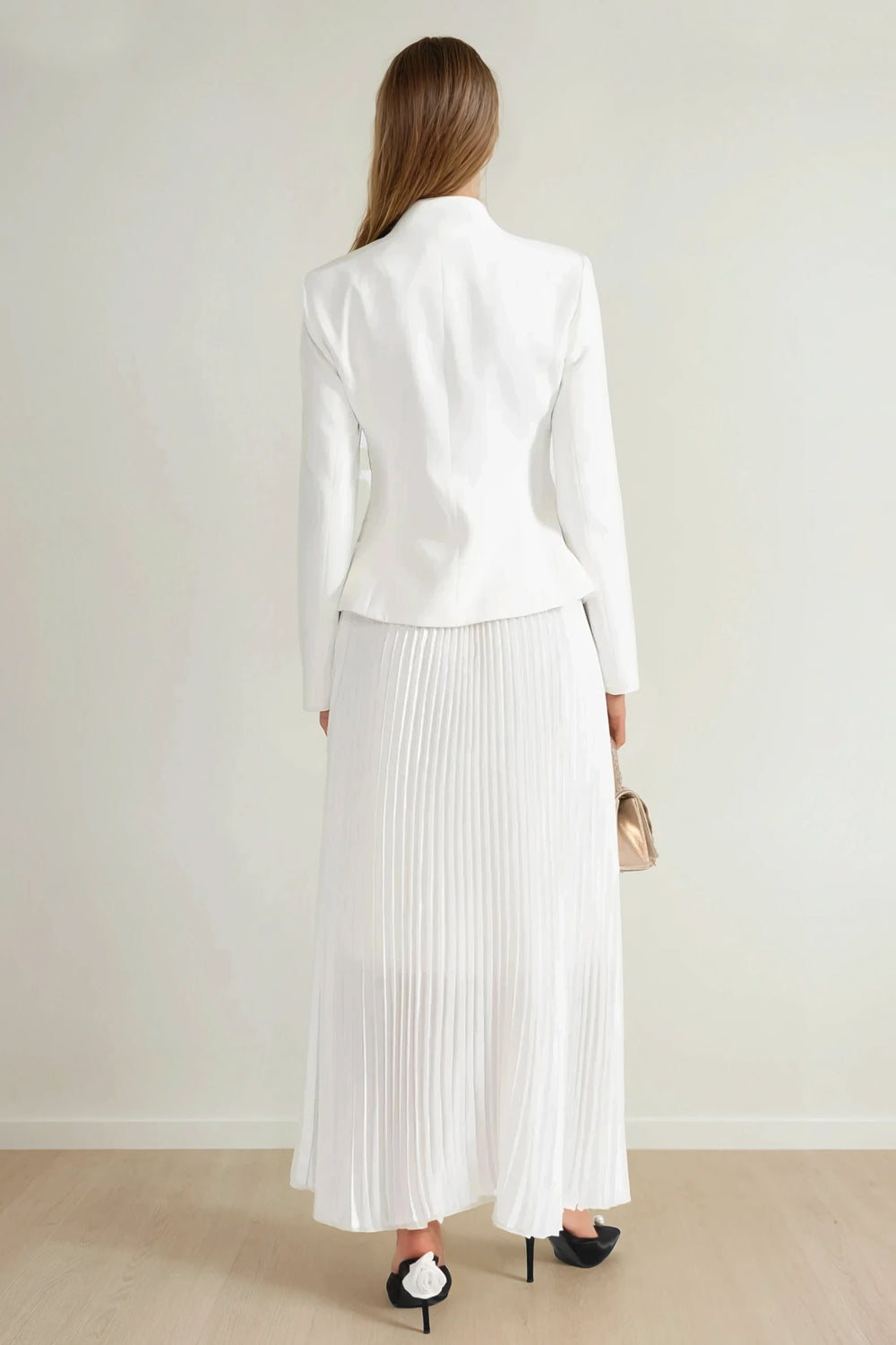 Two-Piece Set with Embroidered Button Blazer and Pleated Maxi Skirt - White