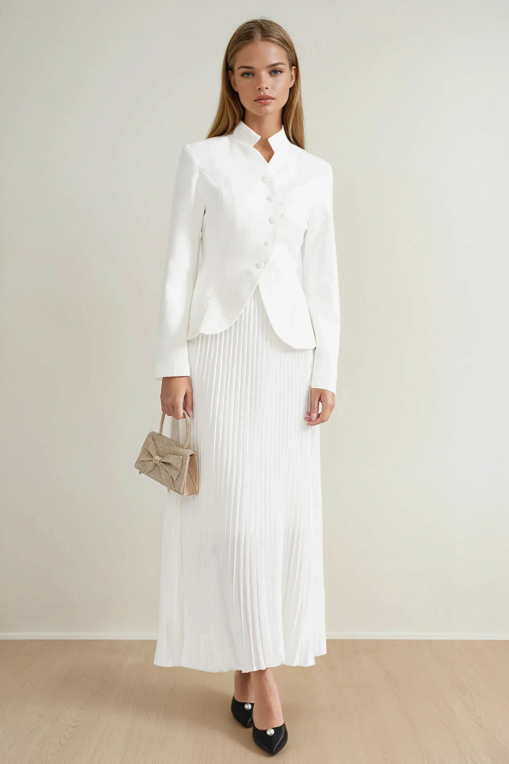 Two-Piece Set with Embroidered Button Blazer and Pleated Maxi Skirt - White
