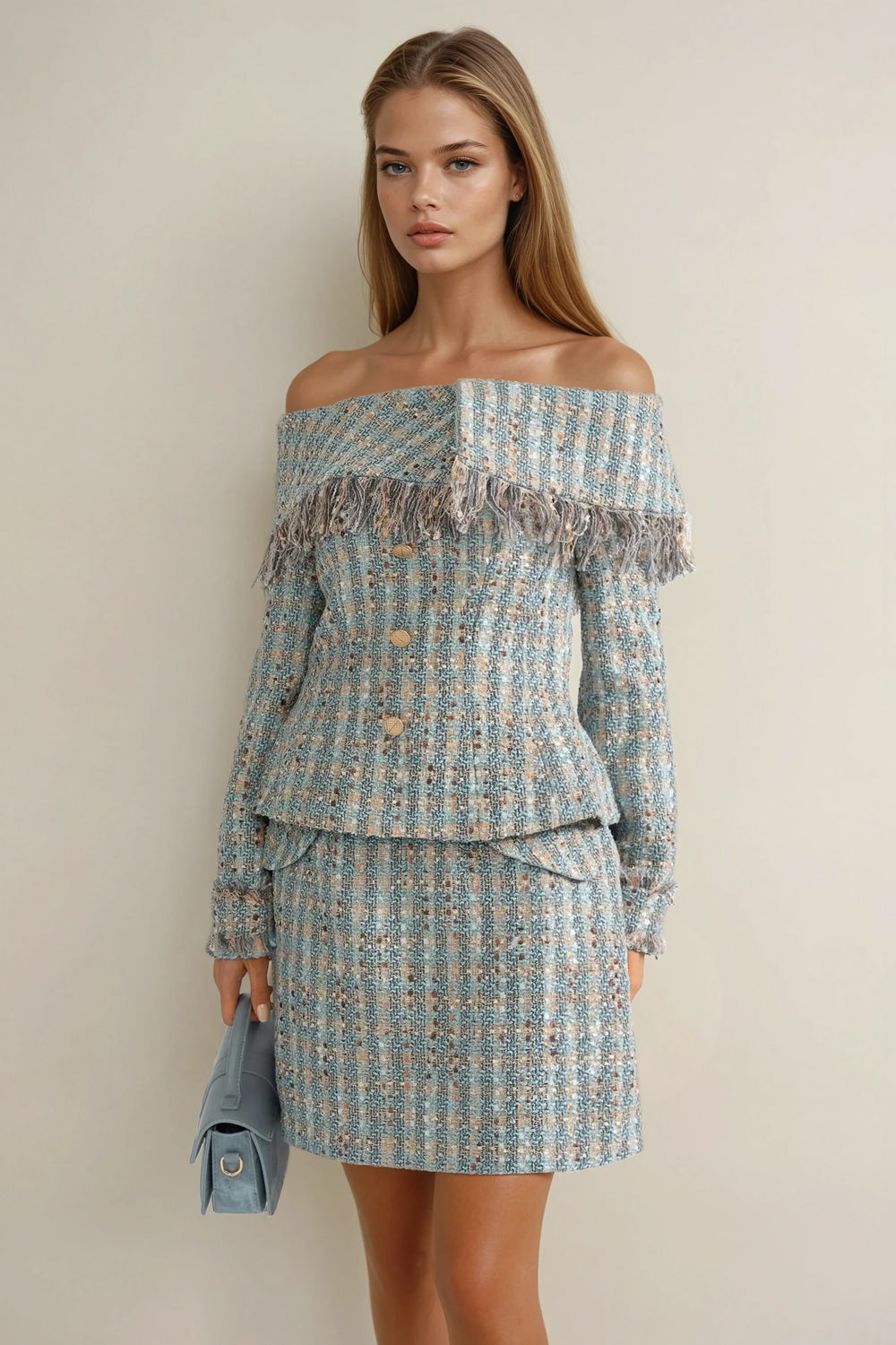 Two-Piece Set with Off-Shoulder Blazer and Mini Skirt - Blue