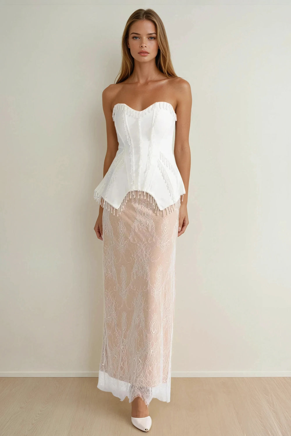 Strapless Two-Piece Set with Structured Top and Sheer Maxi Skirt - White