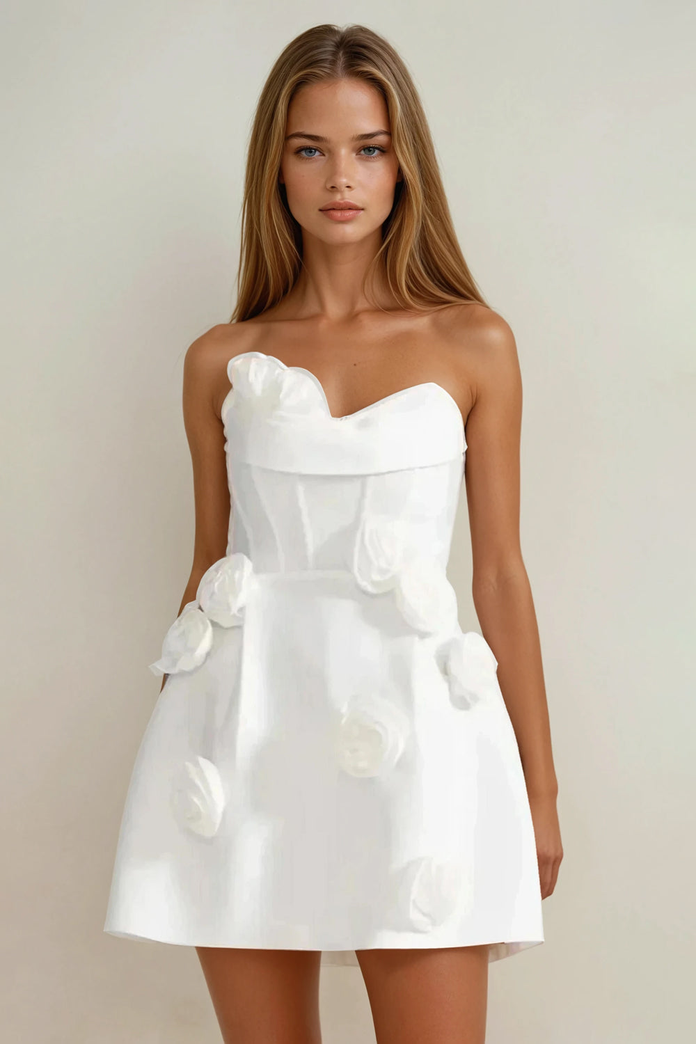 Strapless Mini Dress with 3D Rosette Detailing - White