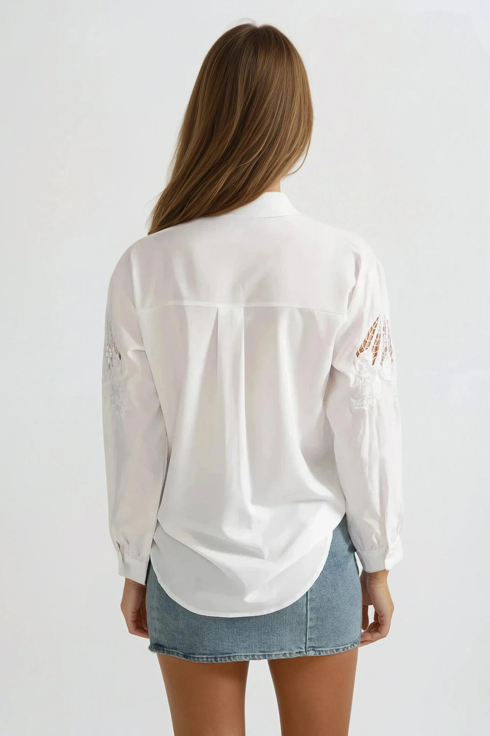 Long Sleeve Shirt with Pleats and Cut-Out Embroidery - White