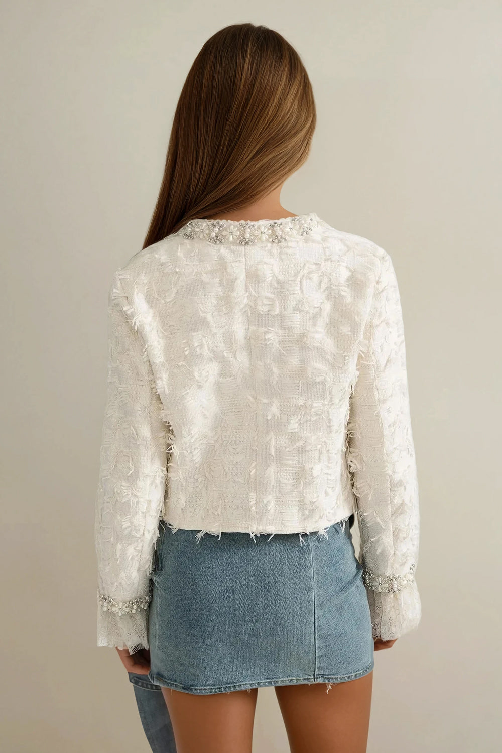 Cropped Jacket with Pearl Trim and Textured Finish - White
