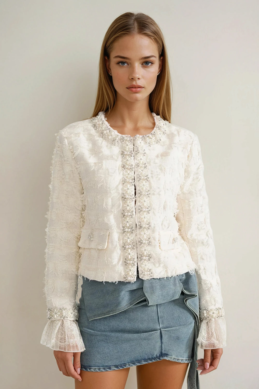 Cropped Jacket with Pearl Trim and Textured Finish - White