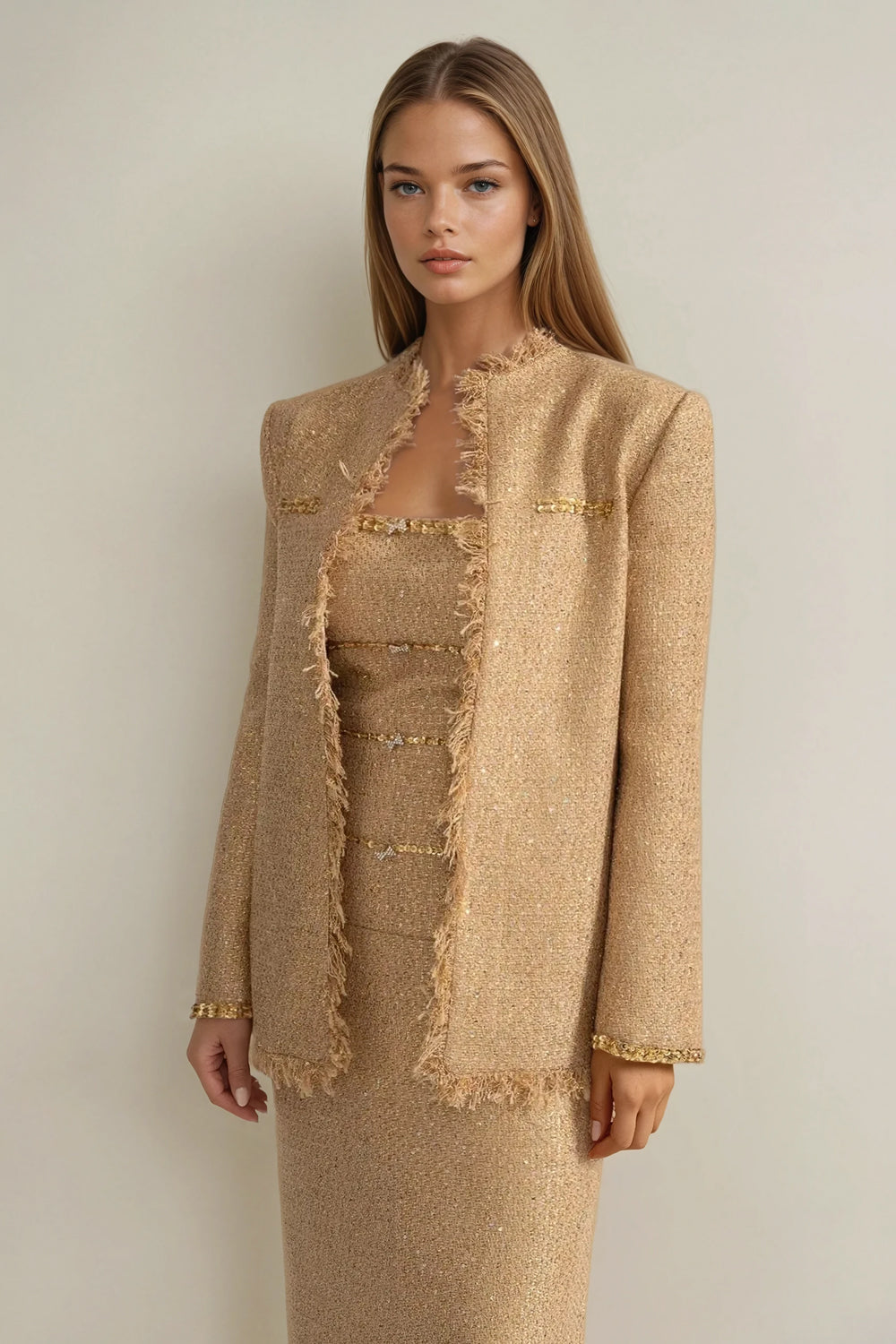 Textured Open-Front Coat with Frayed Edges - Brown