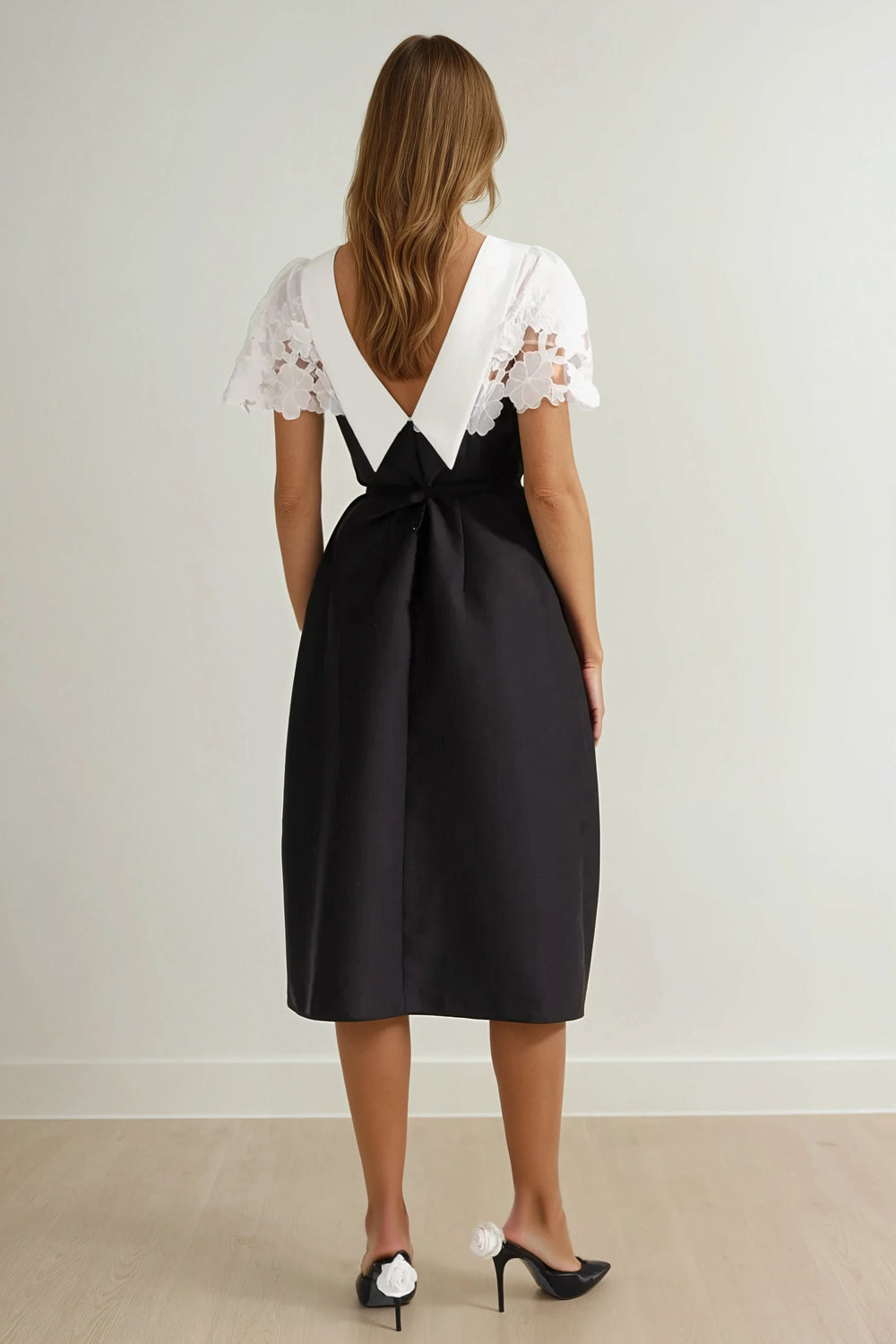 Midi Dress with Lace Cape and Fitted Waist - Black