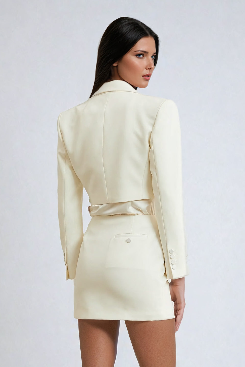 Two-Piece Set with Cropped Blazer and High-Waisted Skirt with Floral Accents - White
