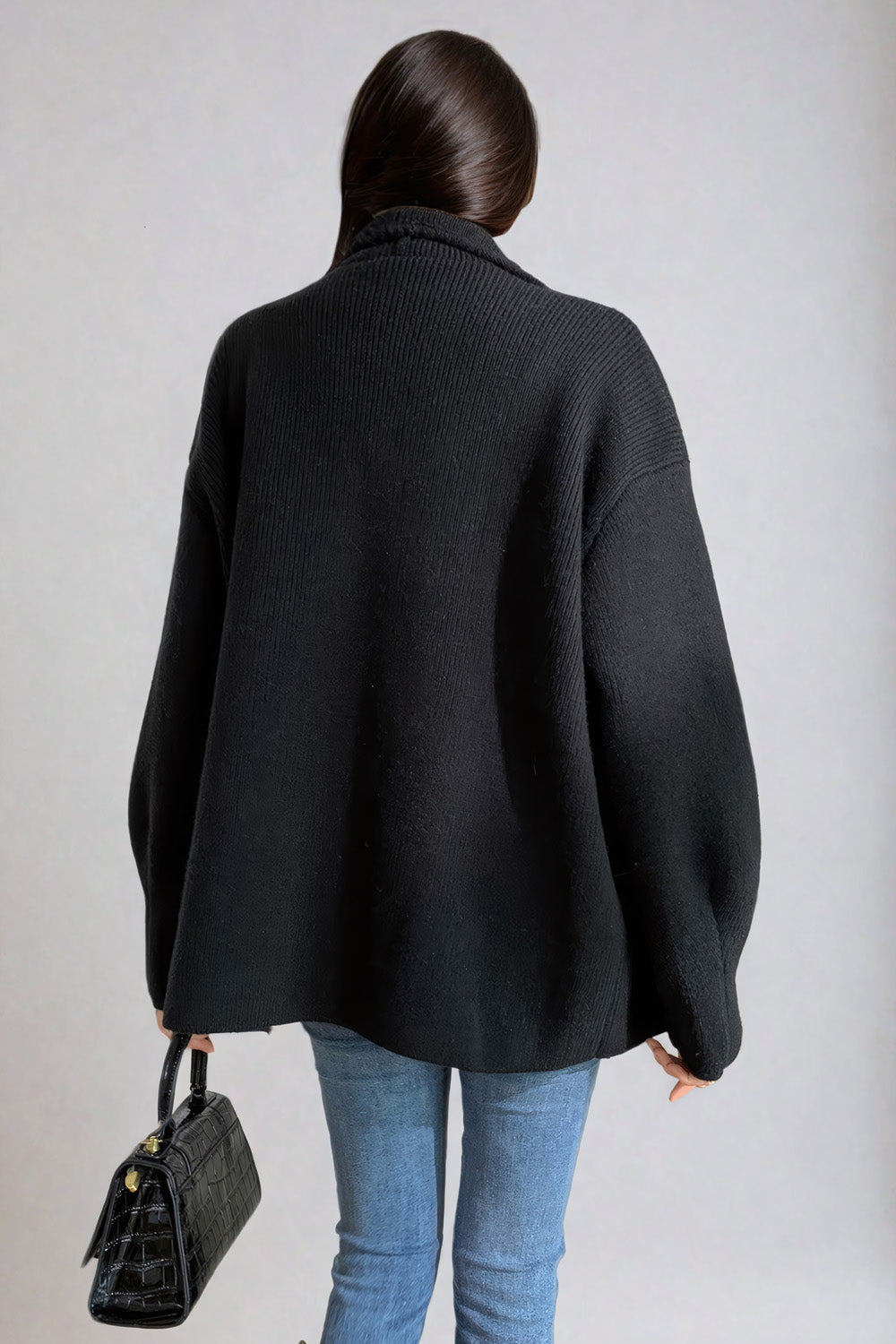 Draped Open Front Sweater with Relaxed Fit and Shawl Collar - Black