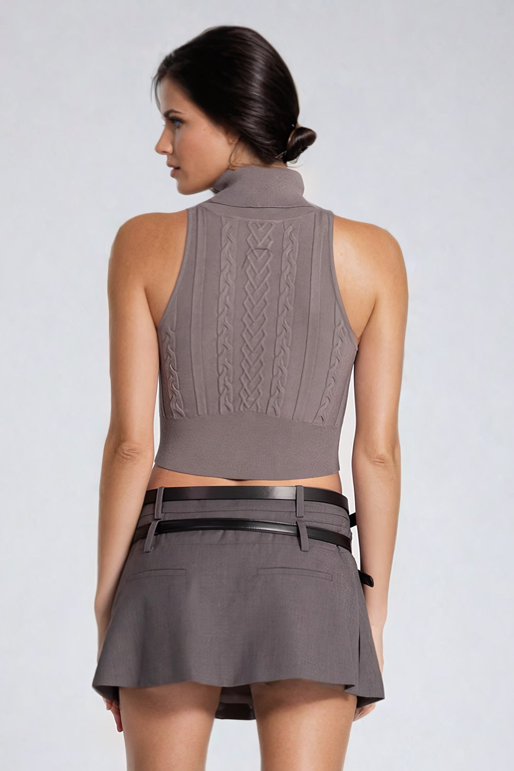 Cable Knit Sleeveless Turtleneck Crop Top - Gray