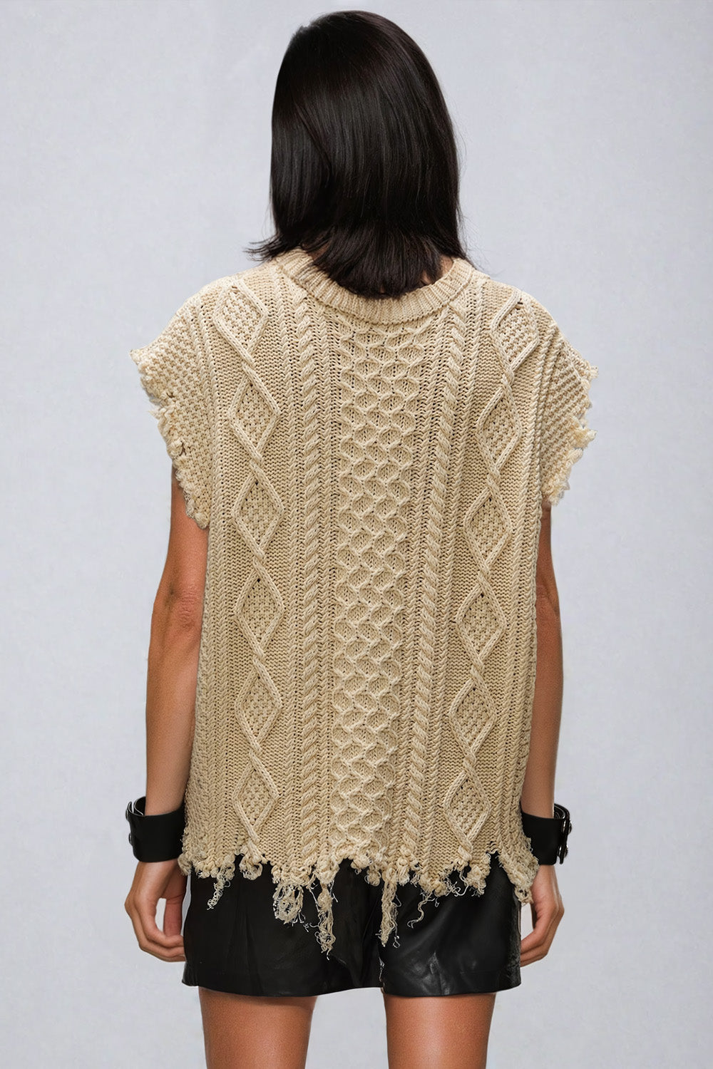 Distressed Knit Top with Graphic Detail and Raw Hem - Light Brown