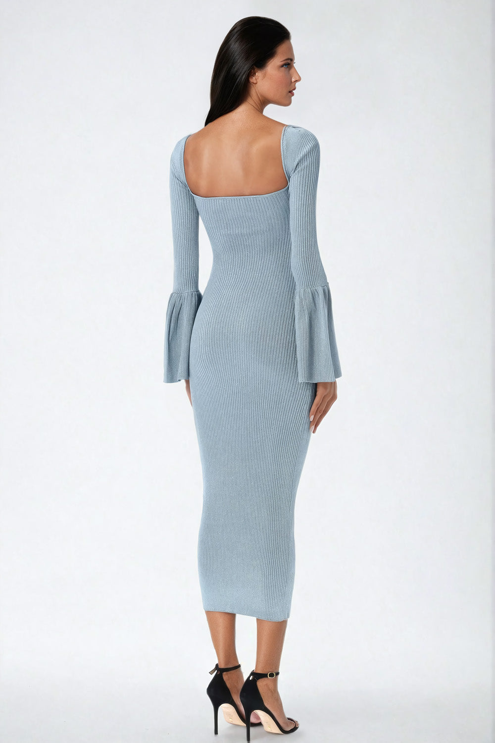 Bow-Detail Cutout Midi Dress with Flared Sleeves - Blue