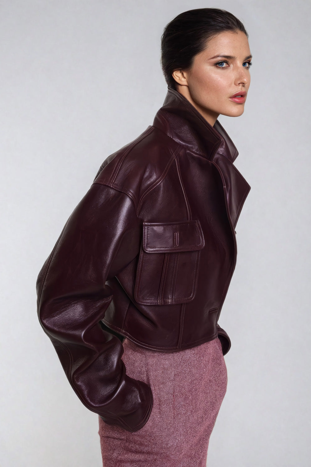 Cropped Leather Jacket with Wide Lapel Neckline - Burgundy