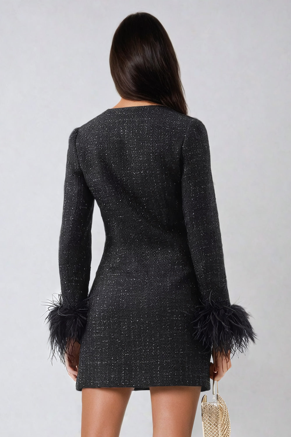 Pearl Button Mini Dress with Feather Cuff Details - Black