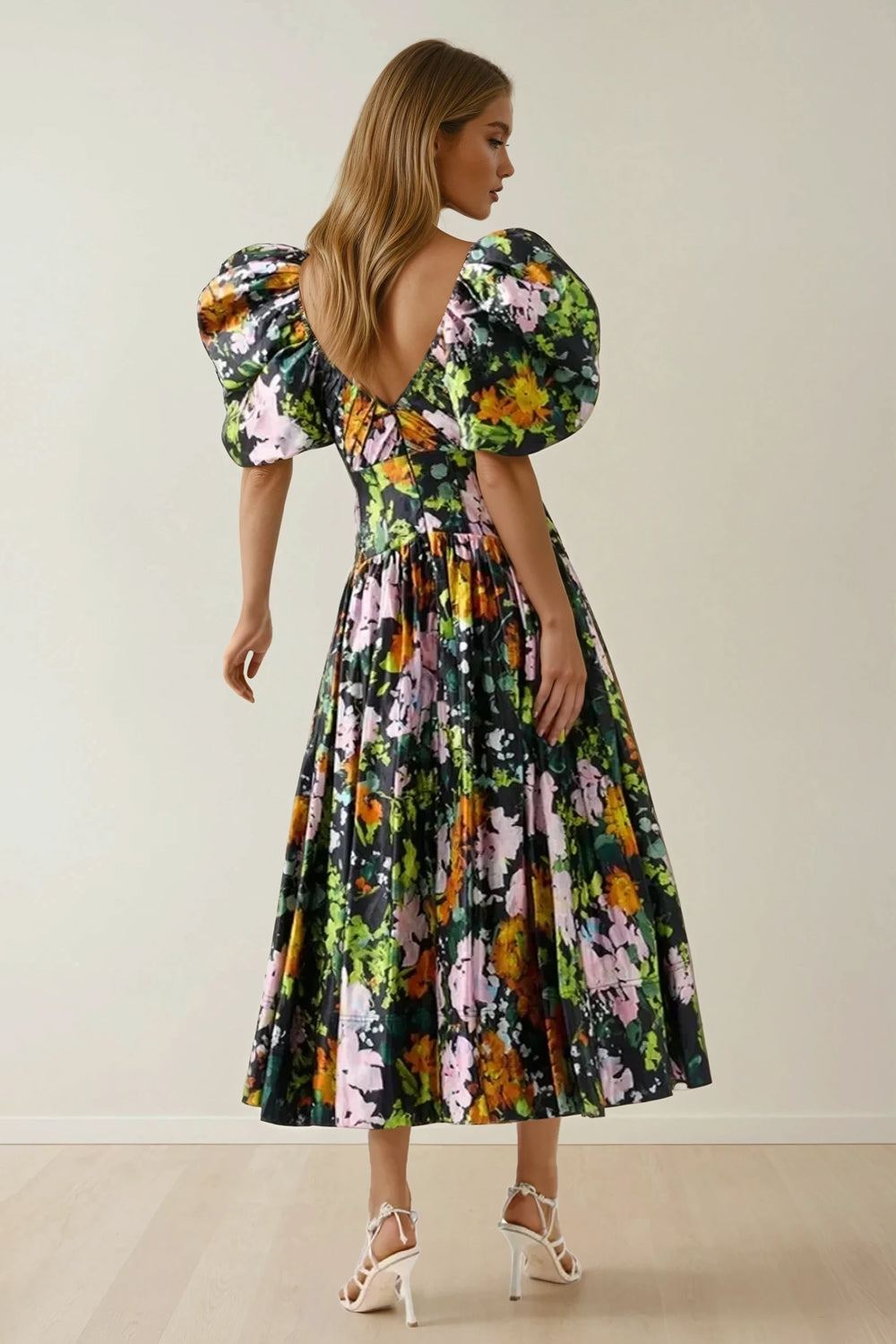 Puff Sleeve V-Neck Floral Midi Dress - Green