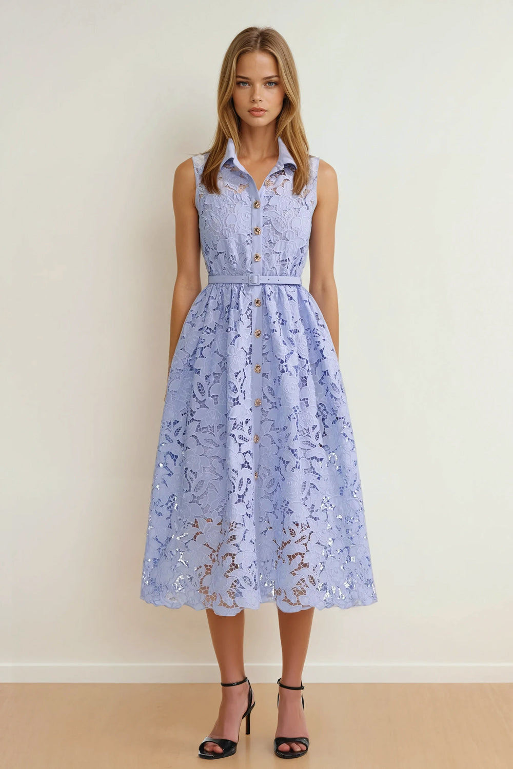 Sleeveless Lace Shirt Collar Midi Dress - Blue
