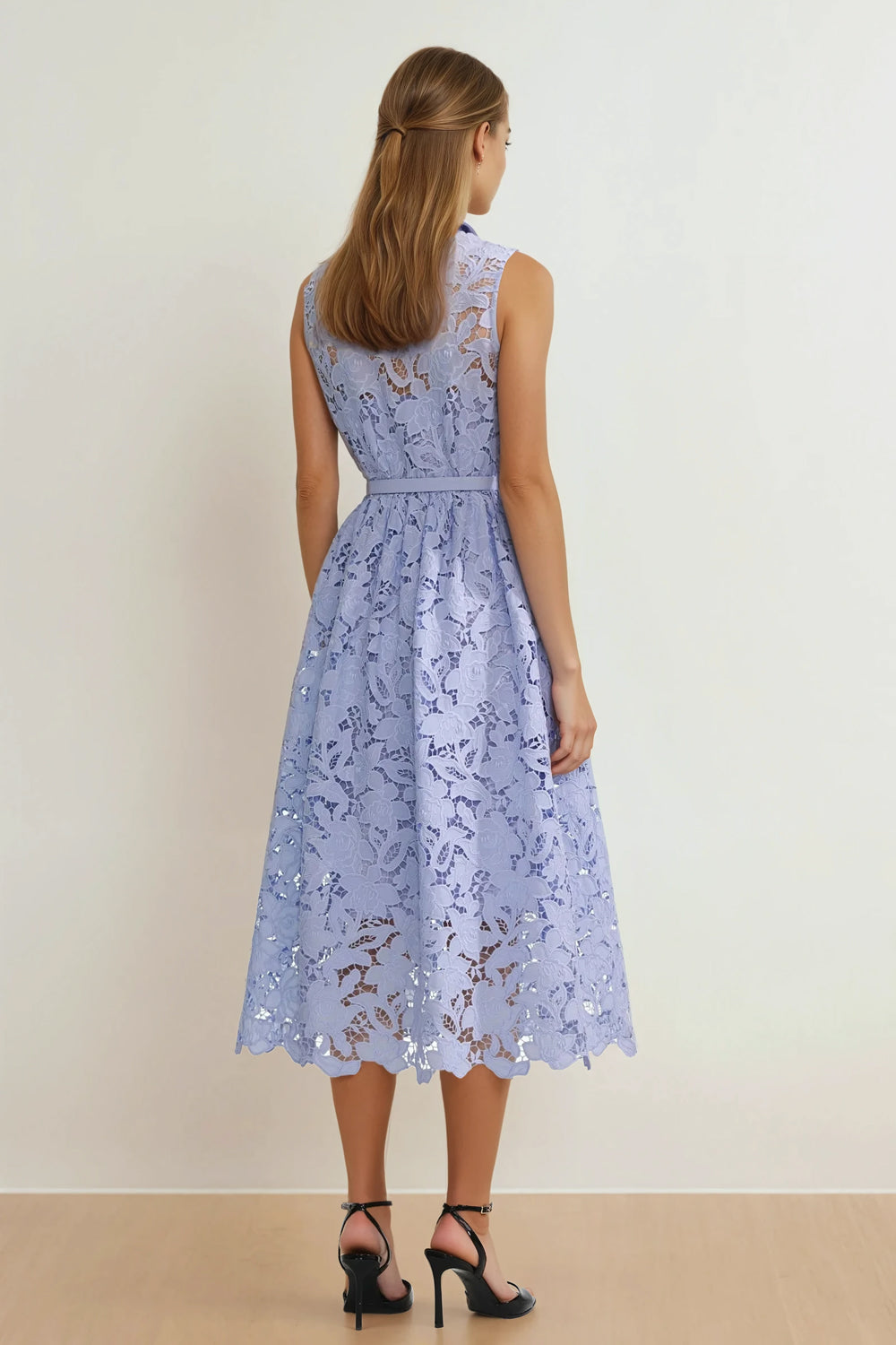 Sleeveless Lace Shirt Collar Midi Dress - Blue